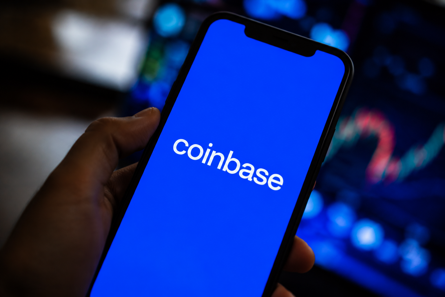 Coinbase logo on a phone