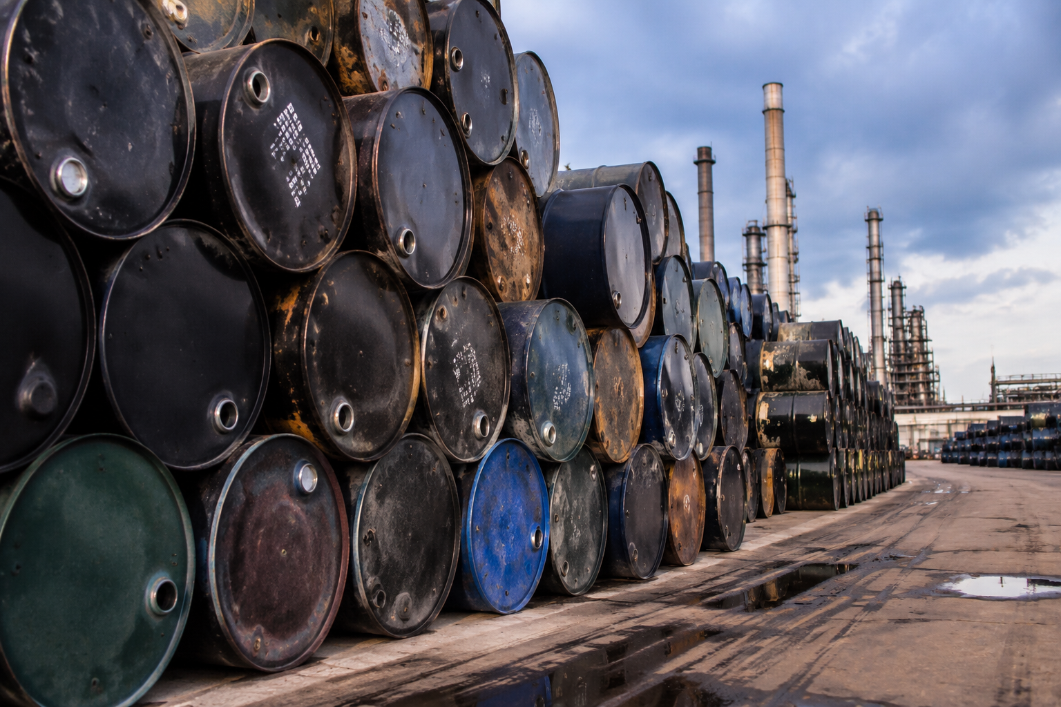 Stacks of crude oil barrels line an industrial refinery site under cloudy skies.