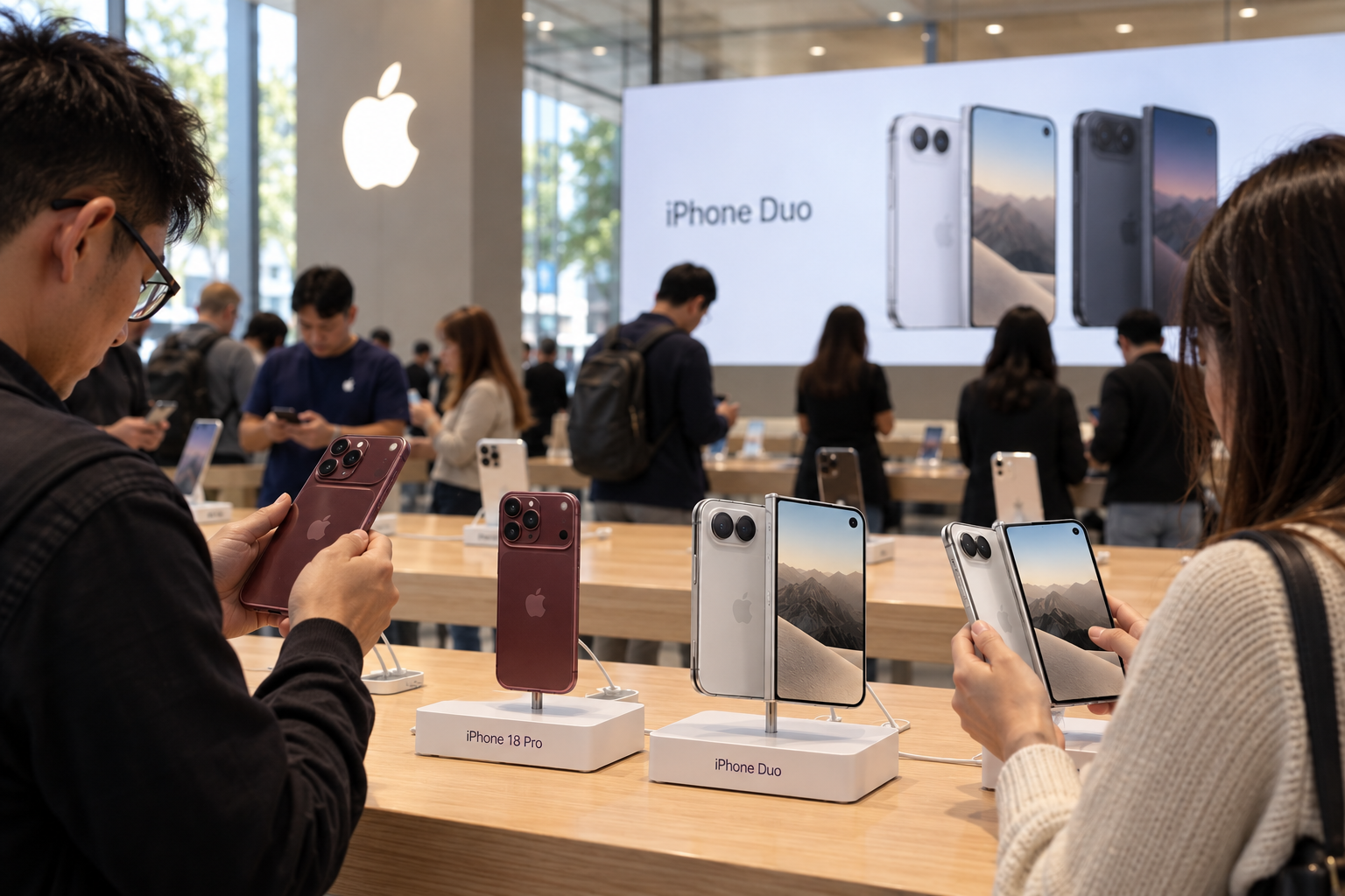 Customers checking iPhone Duo at apple store