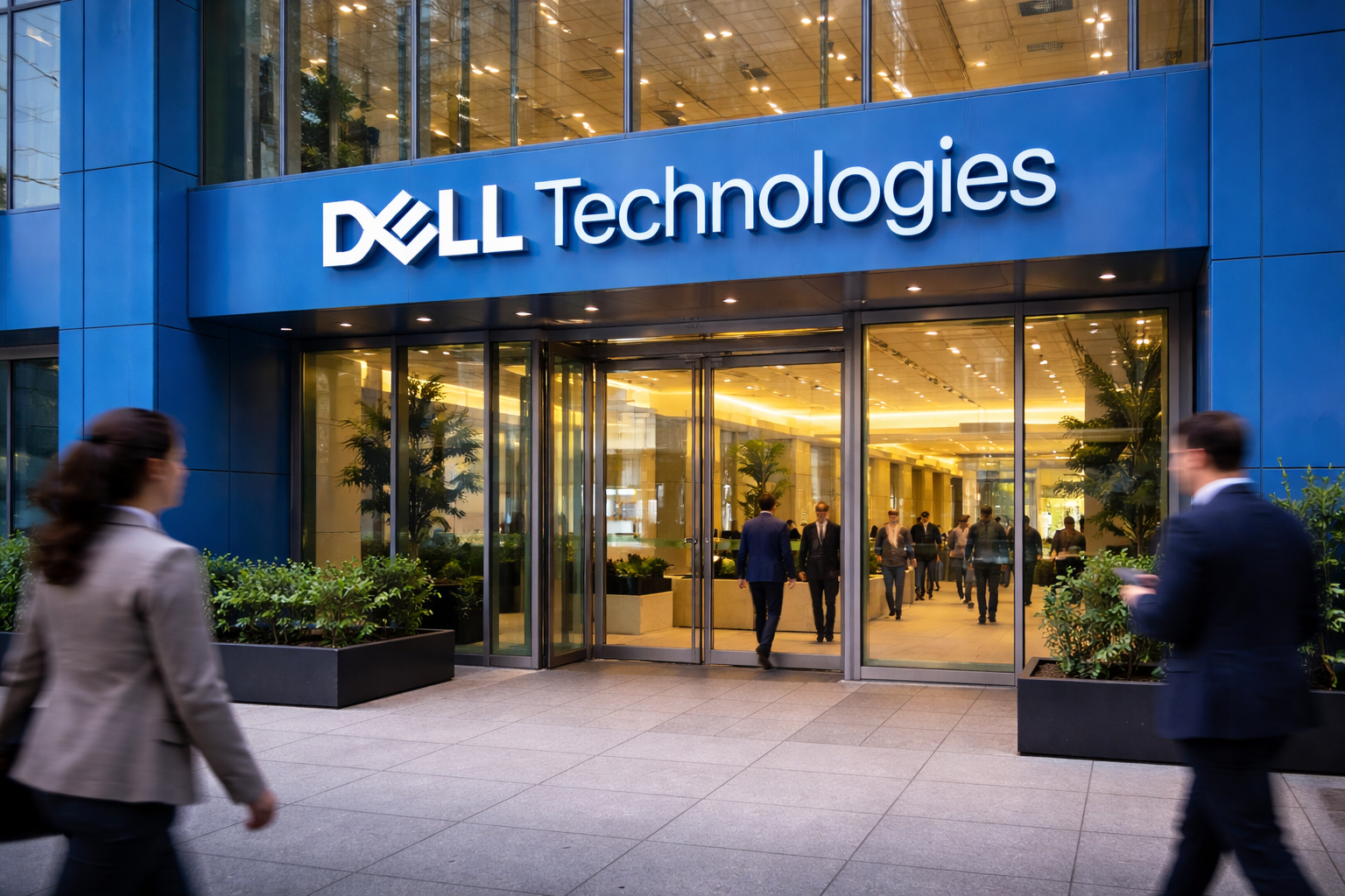 People walk past the entrance of a Dell Technologies office building