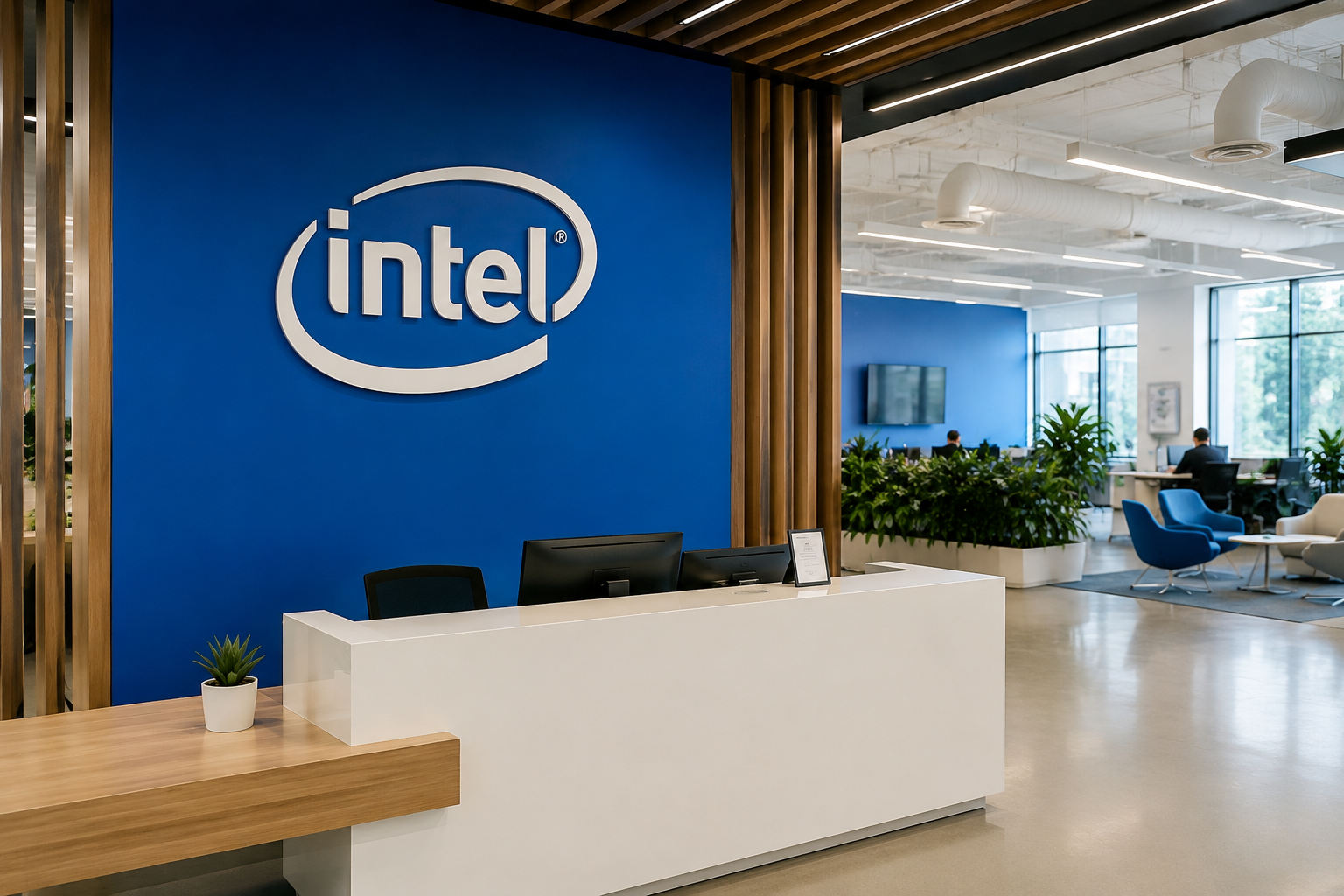 Intel office building with the company’s logo displayed prominently on the exterior.