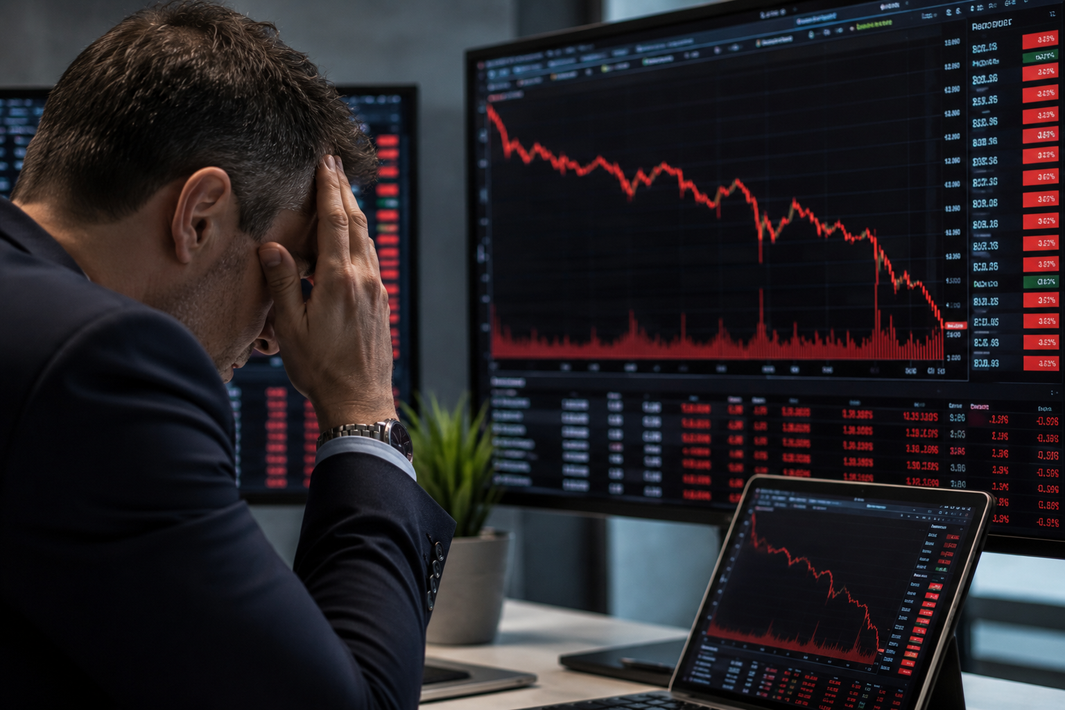 Investor looking down at a falling stock market chart