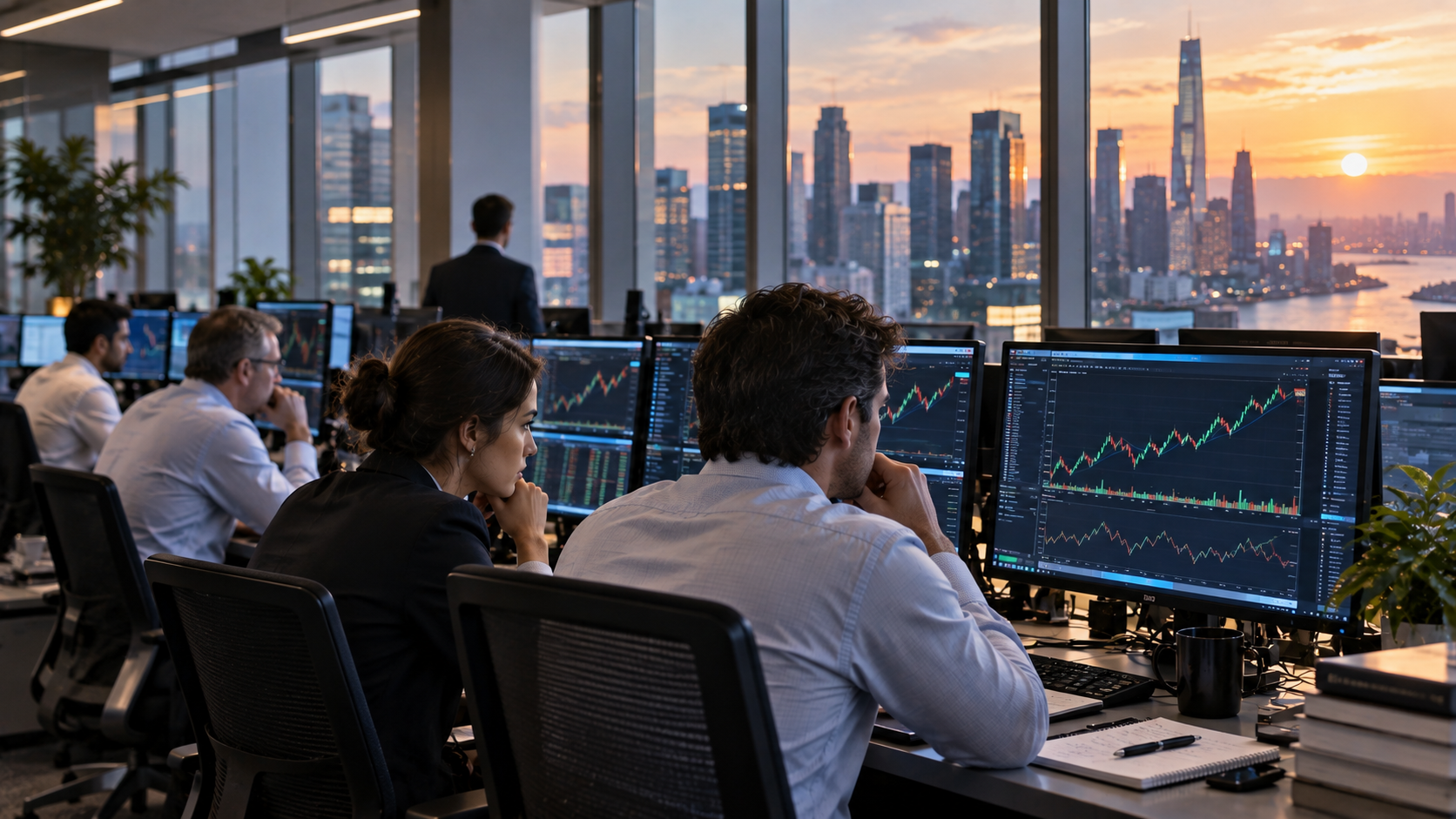 Investors analysing stock market charts in an office