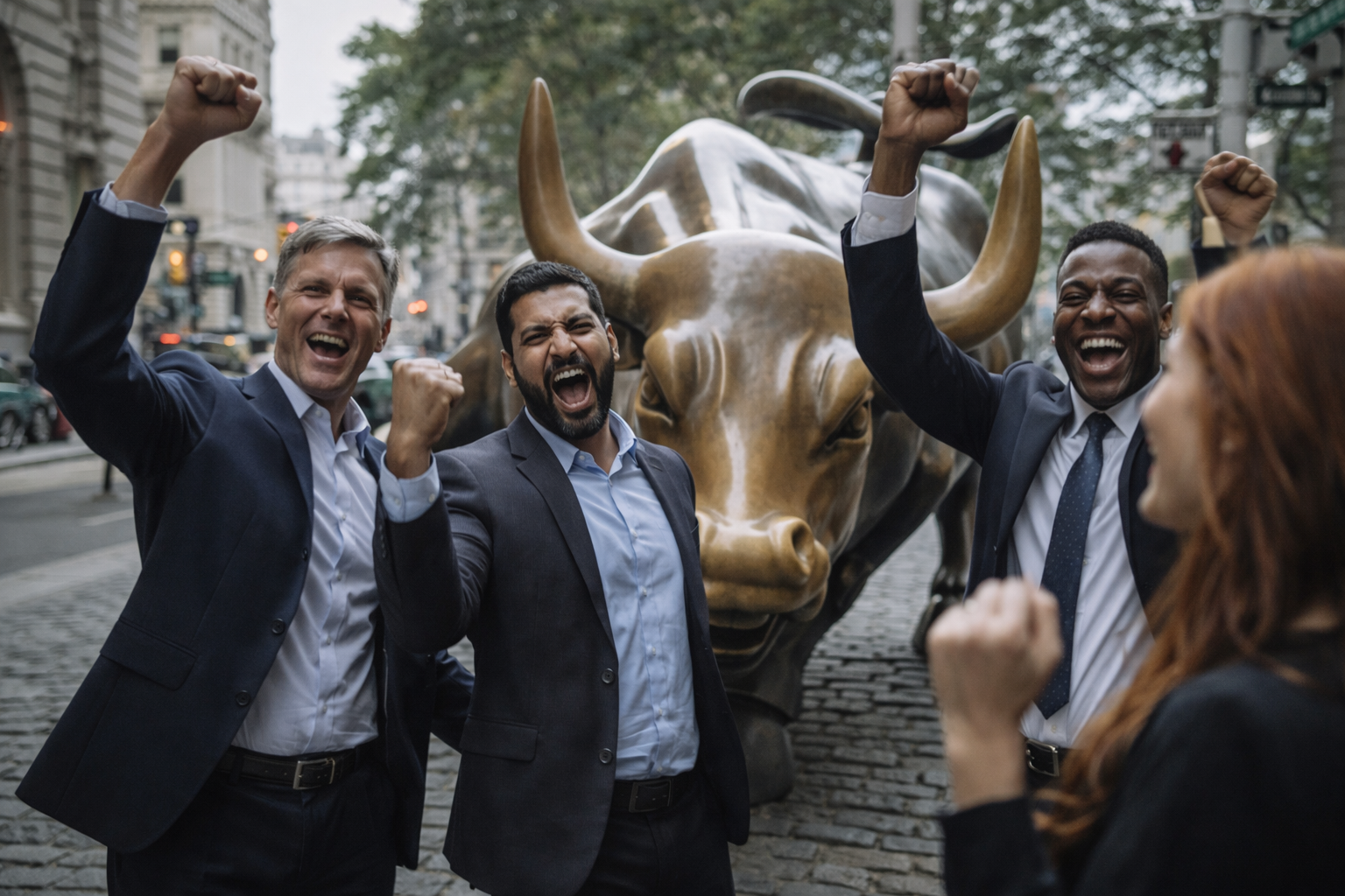 Investors cheering near charging bull statue