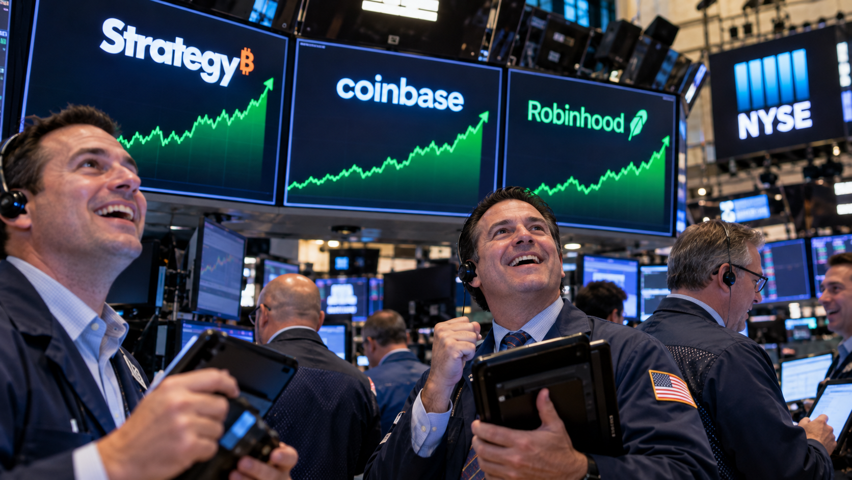 Investors looking at Strategy, Coinbase and Robinhood stocks