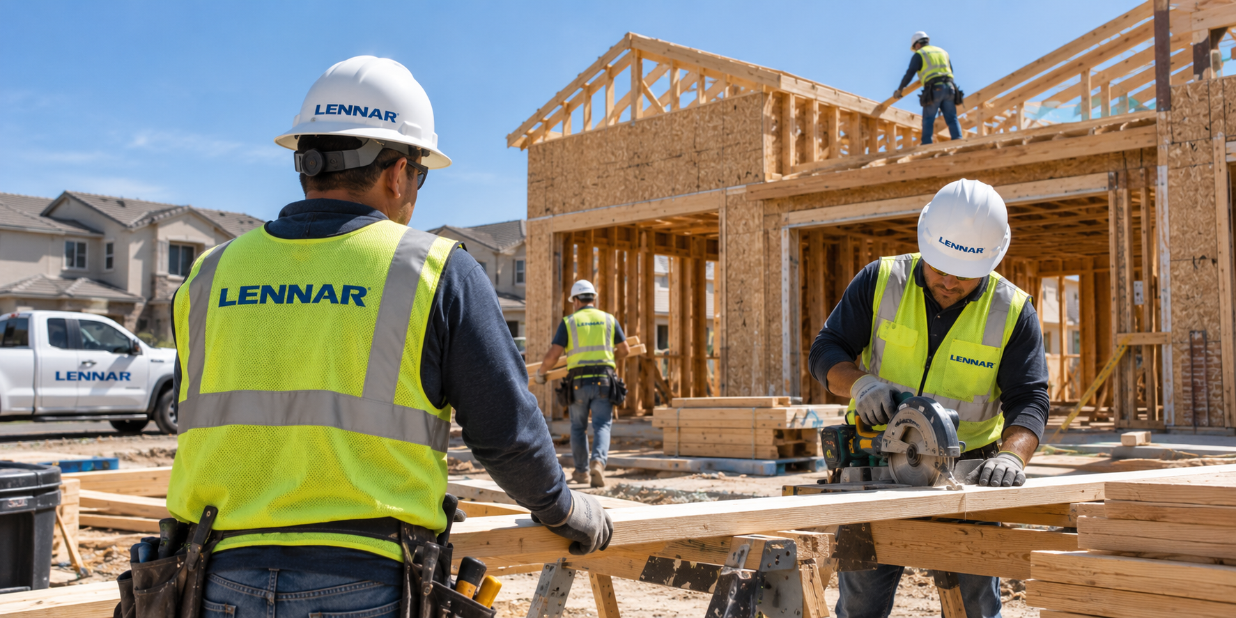 Lennar company's crew building a house
