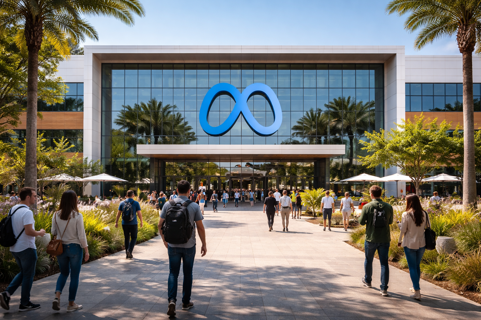 People walk toward a Meta office building featuring the company’s blue infinity logo above the entrance.
