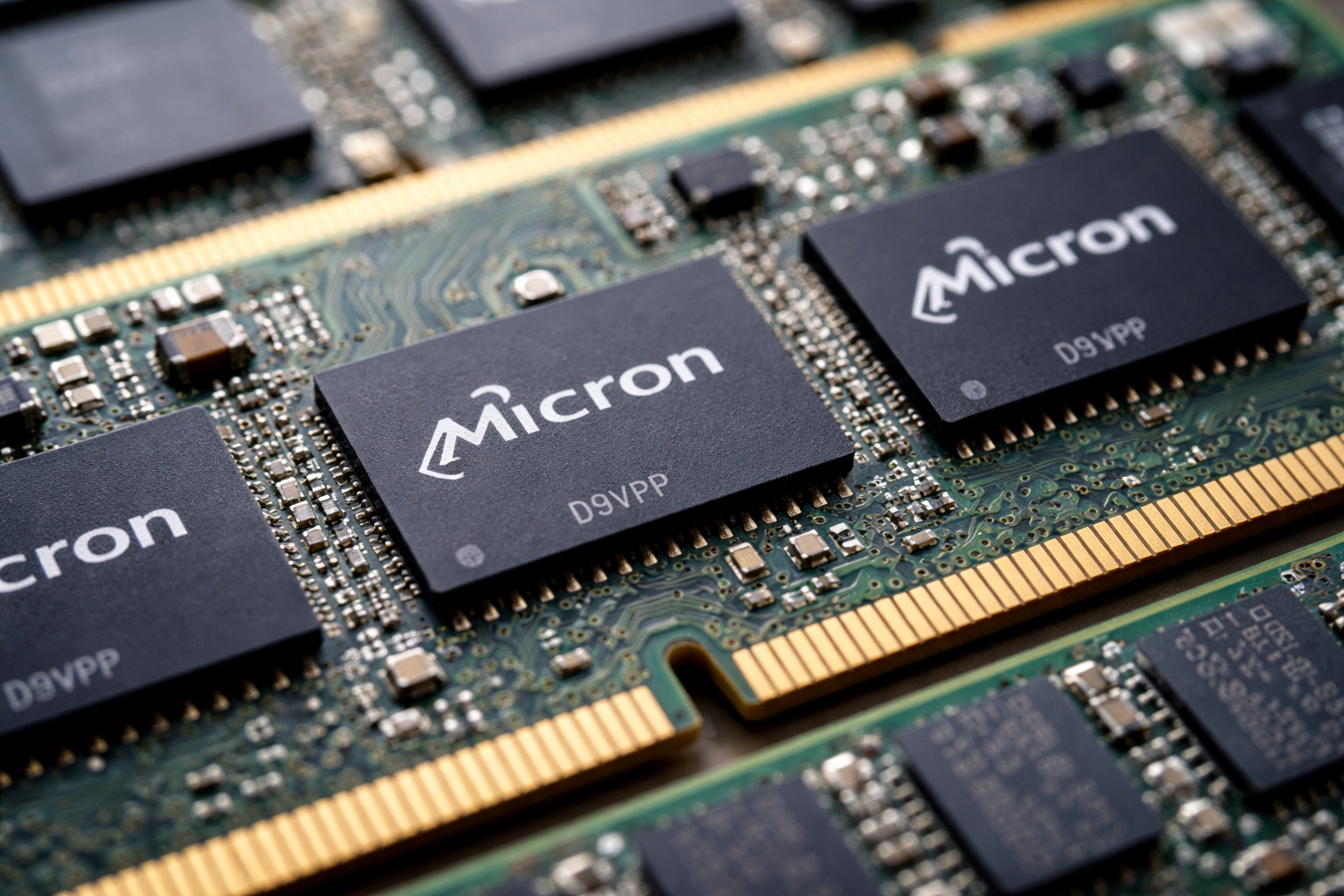 Close-up of Micron memory chips mounted on green circuit boards with gold contact pins.