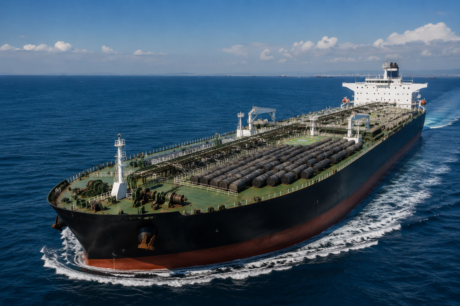 A large oil tanker carries rows of crude barrels across calm blue waters.