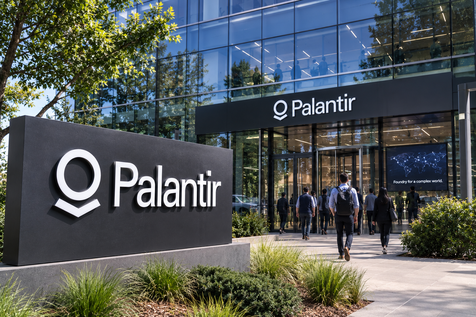 Palantir office exterior with the company’s name displayed prominently on a modern corporate building.