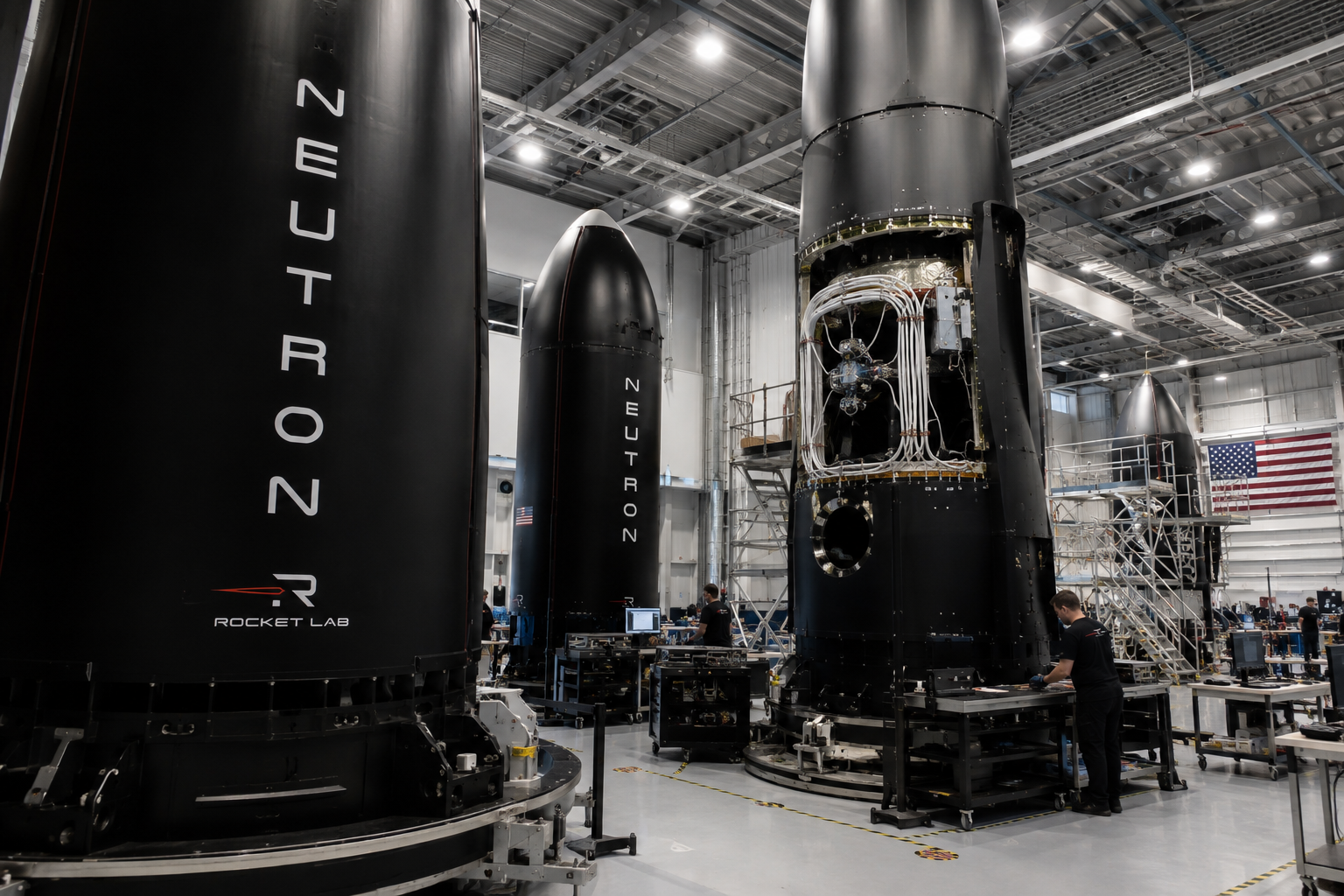 Rocket Lab engineers work around Neutron rocket hardware inside a large assembly facility.