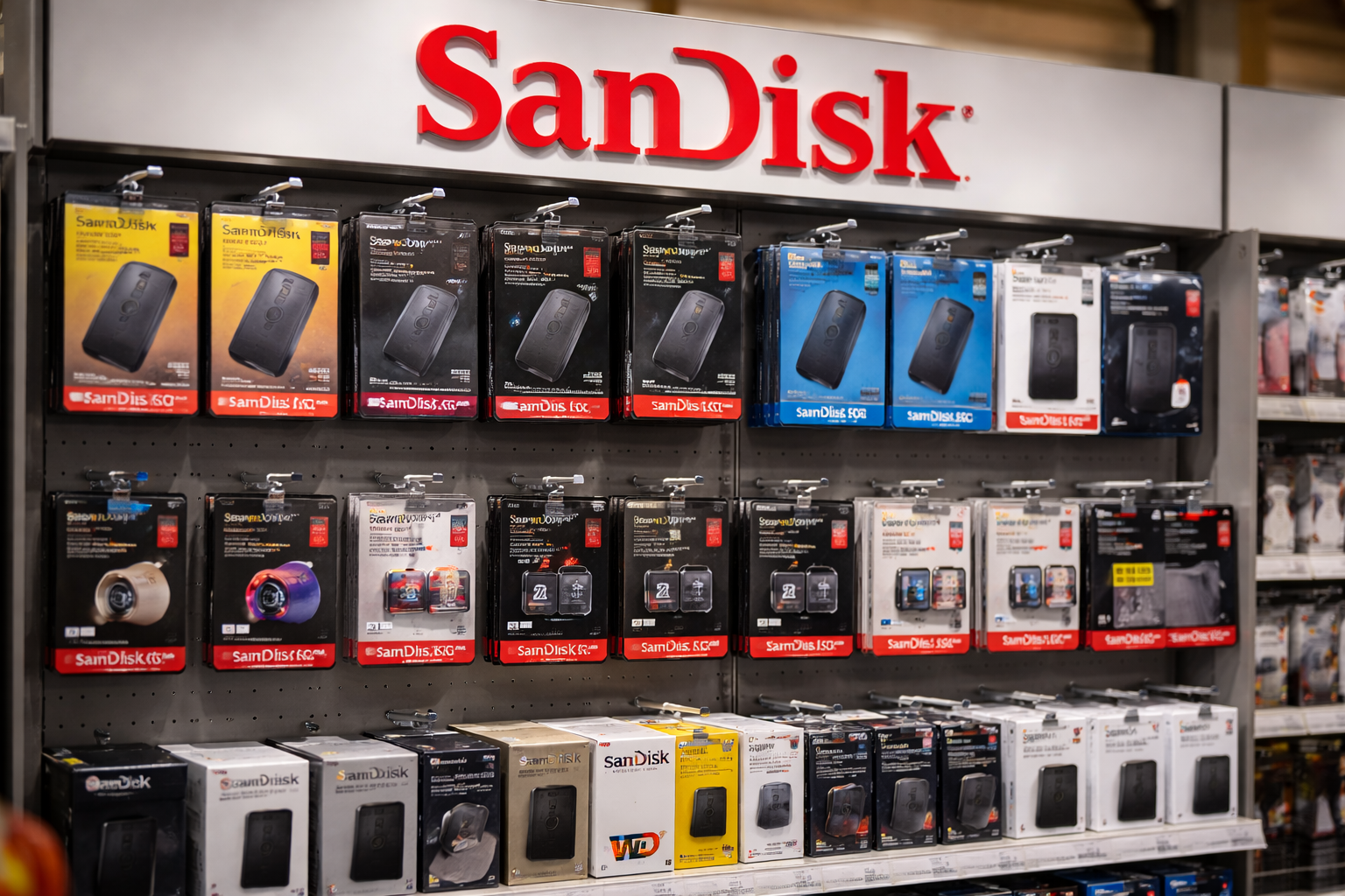 SanDisk memory cards, portable drives and storage accessories displayed on a branded retail shelf.