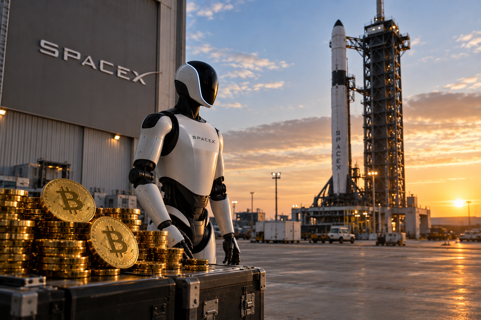 SpaceX robot standing near a bitcoin pile. SpaceX rocket in the background