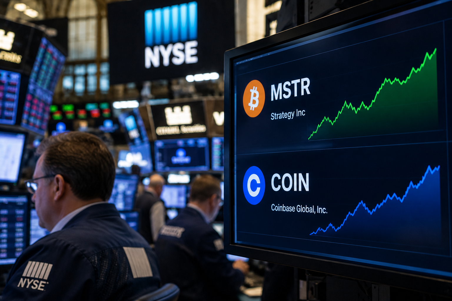 Stock market tickers of Coinbase and Strategy