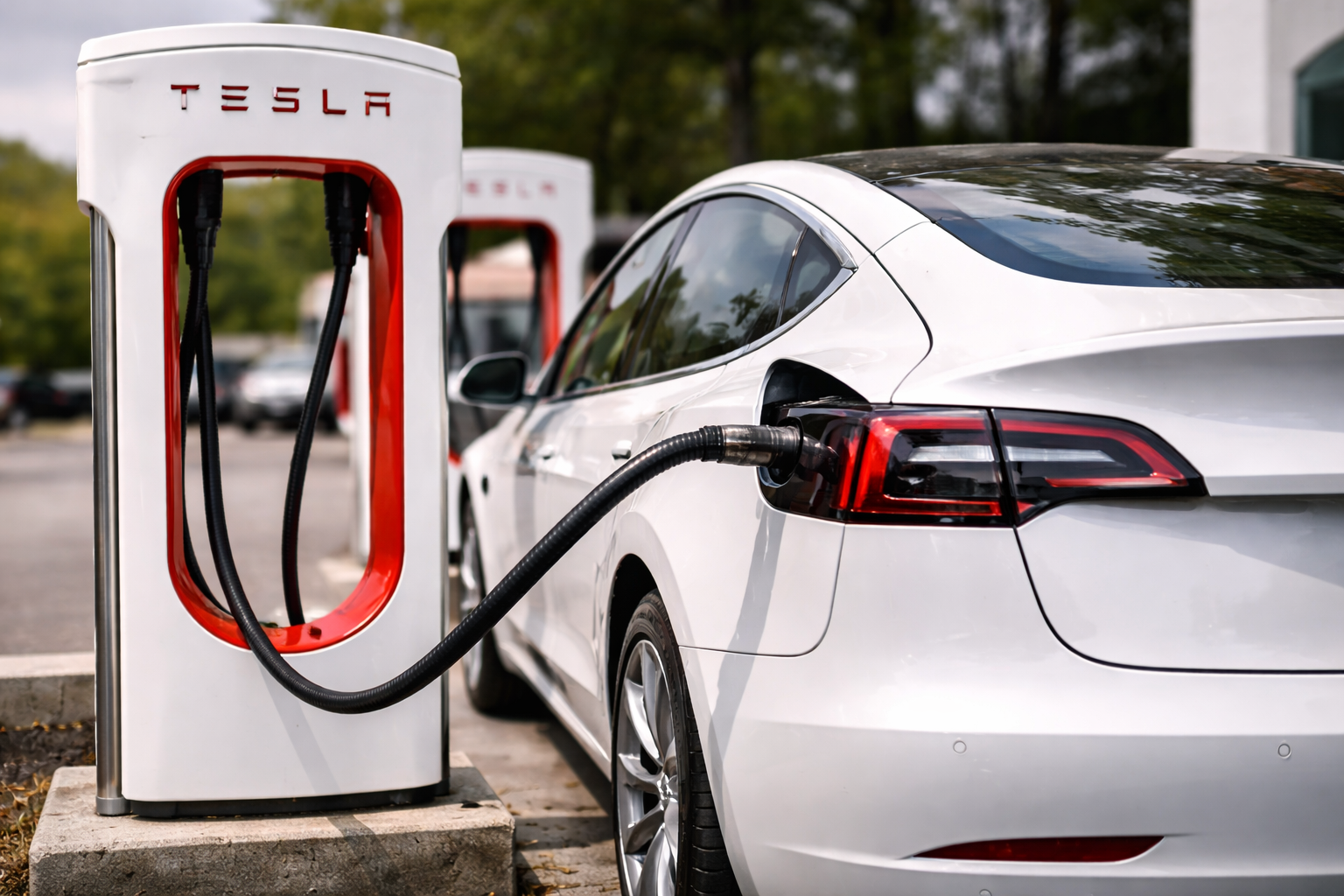 White Tesla electric car charging at a Tesla Supercharger station