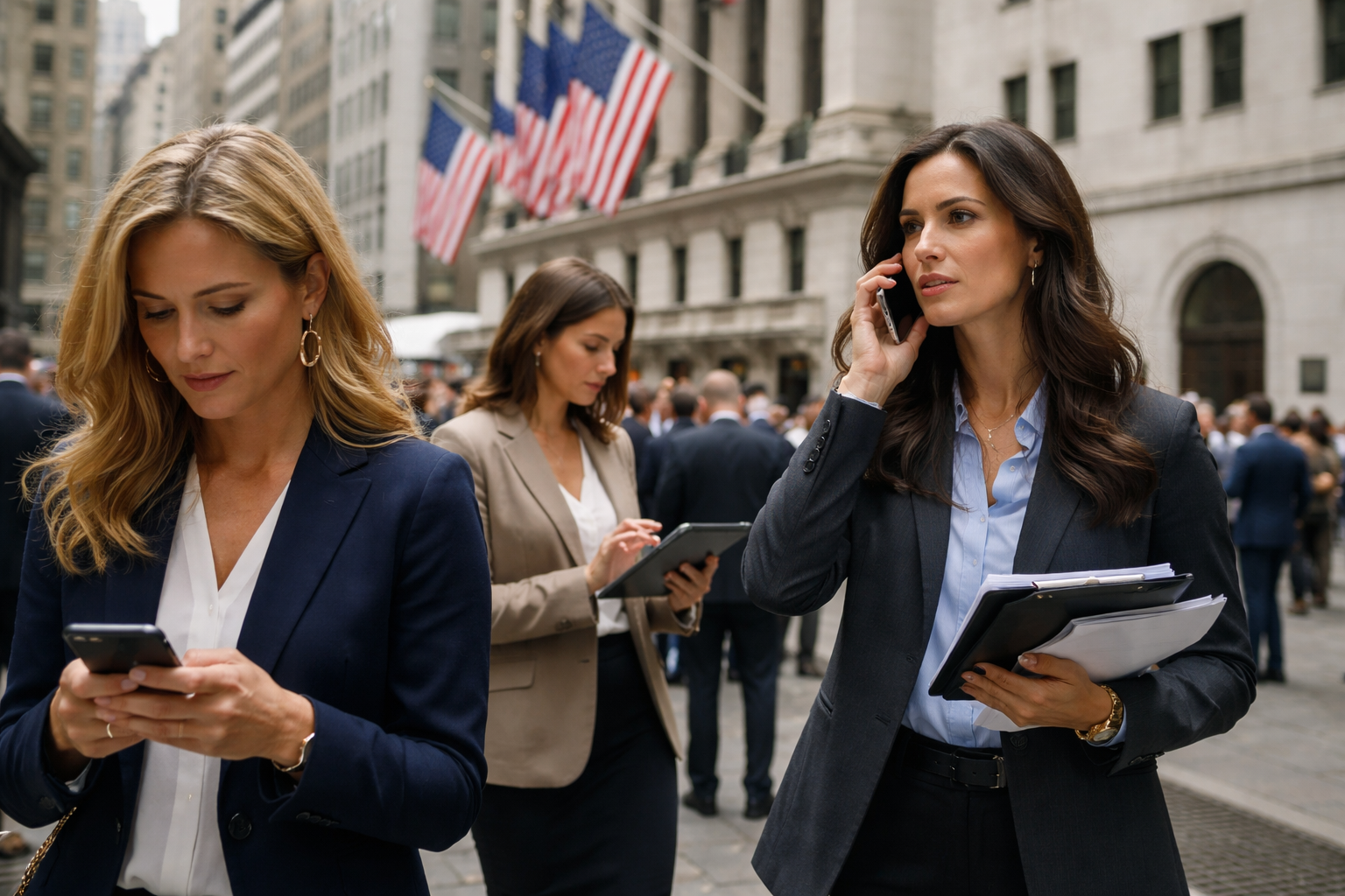 Investors standing outside stock exchange in Wall Street