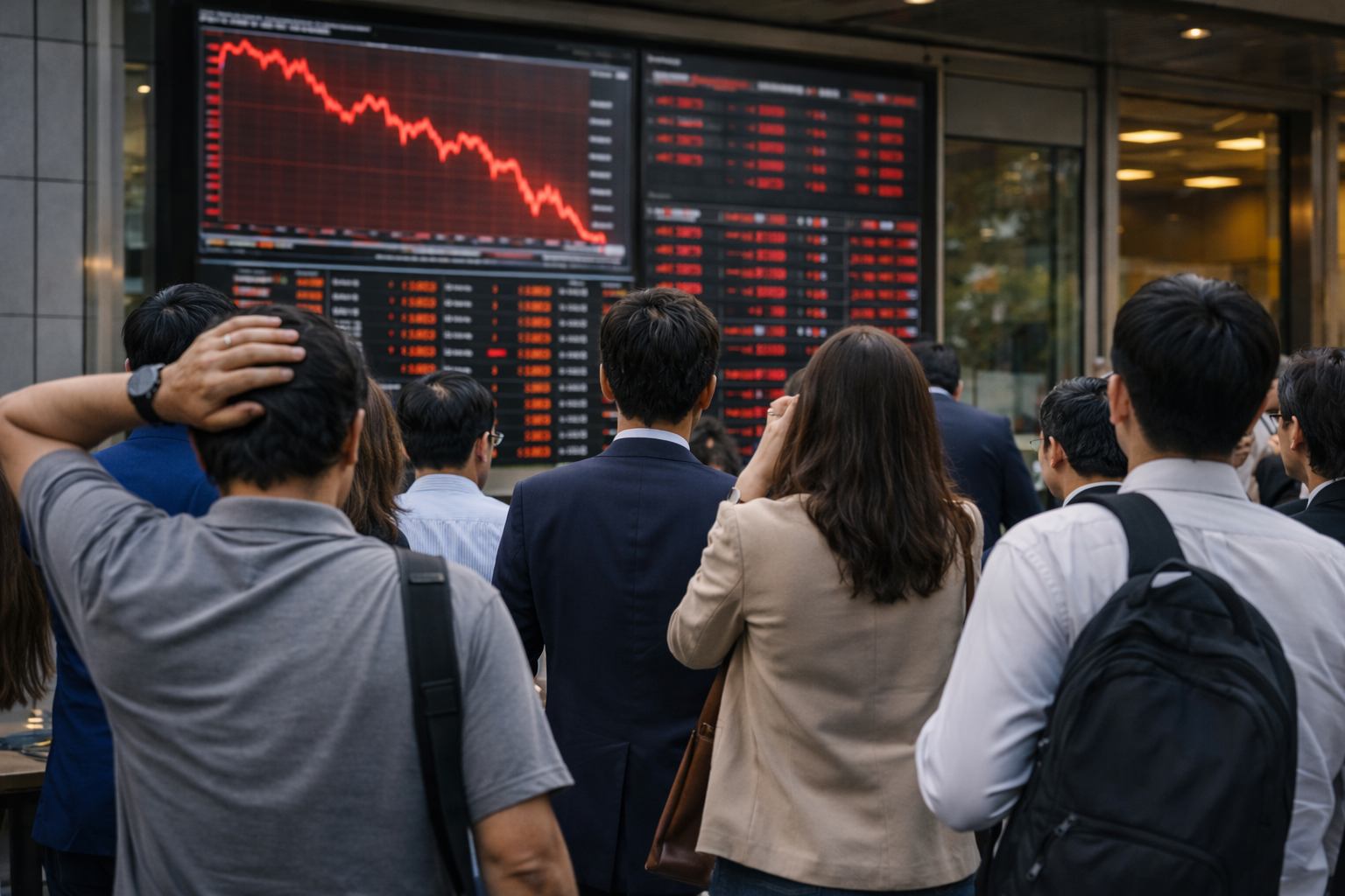 Investors watch red stock-market boards as Asian equities come under selling pressure.
