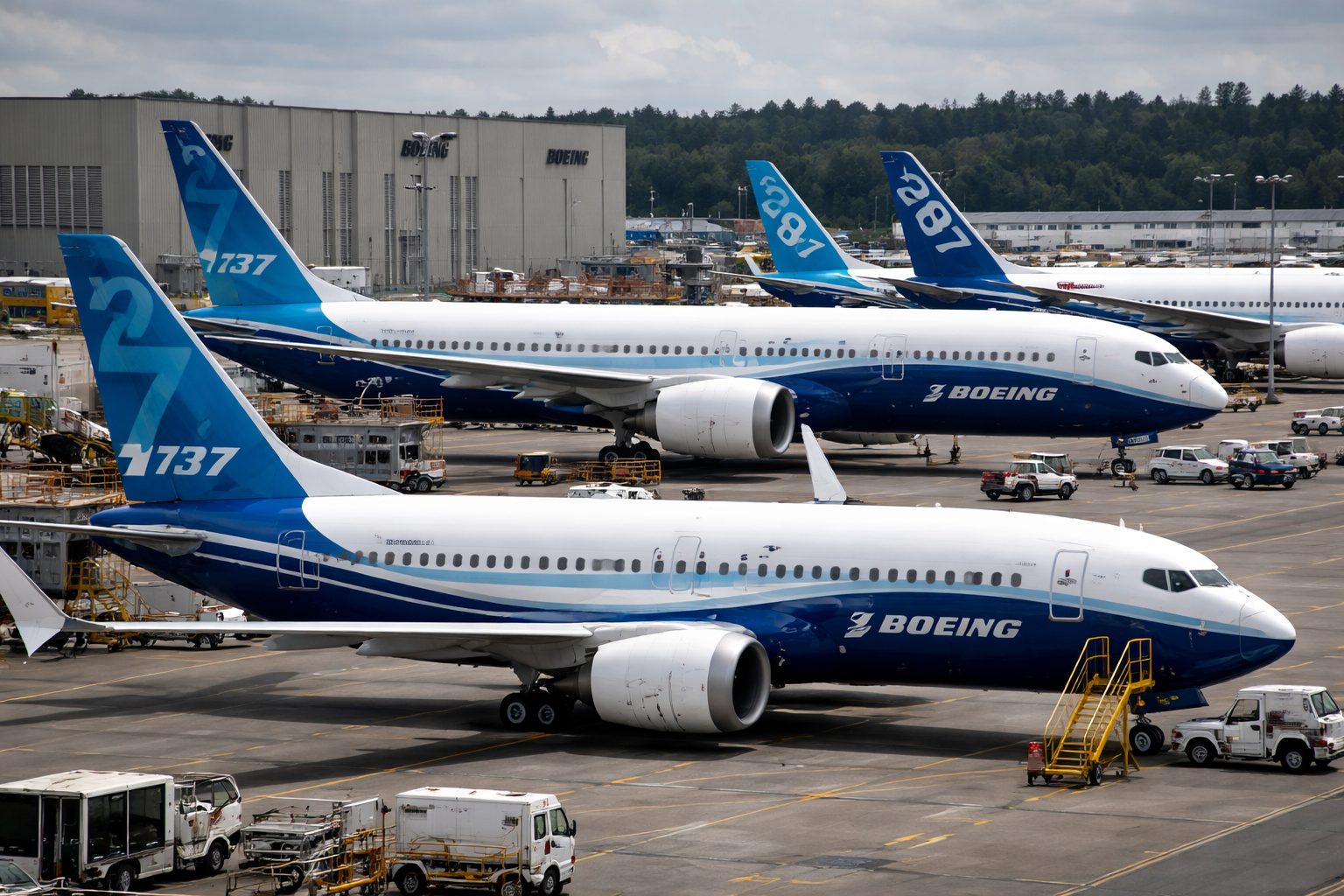 Boeing planes lined up at an airport