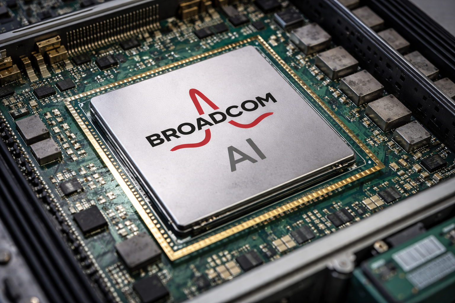 Broadcom AI chip on a semiconductor wafer used for advanced computing