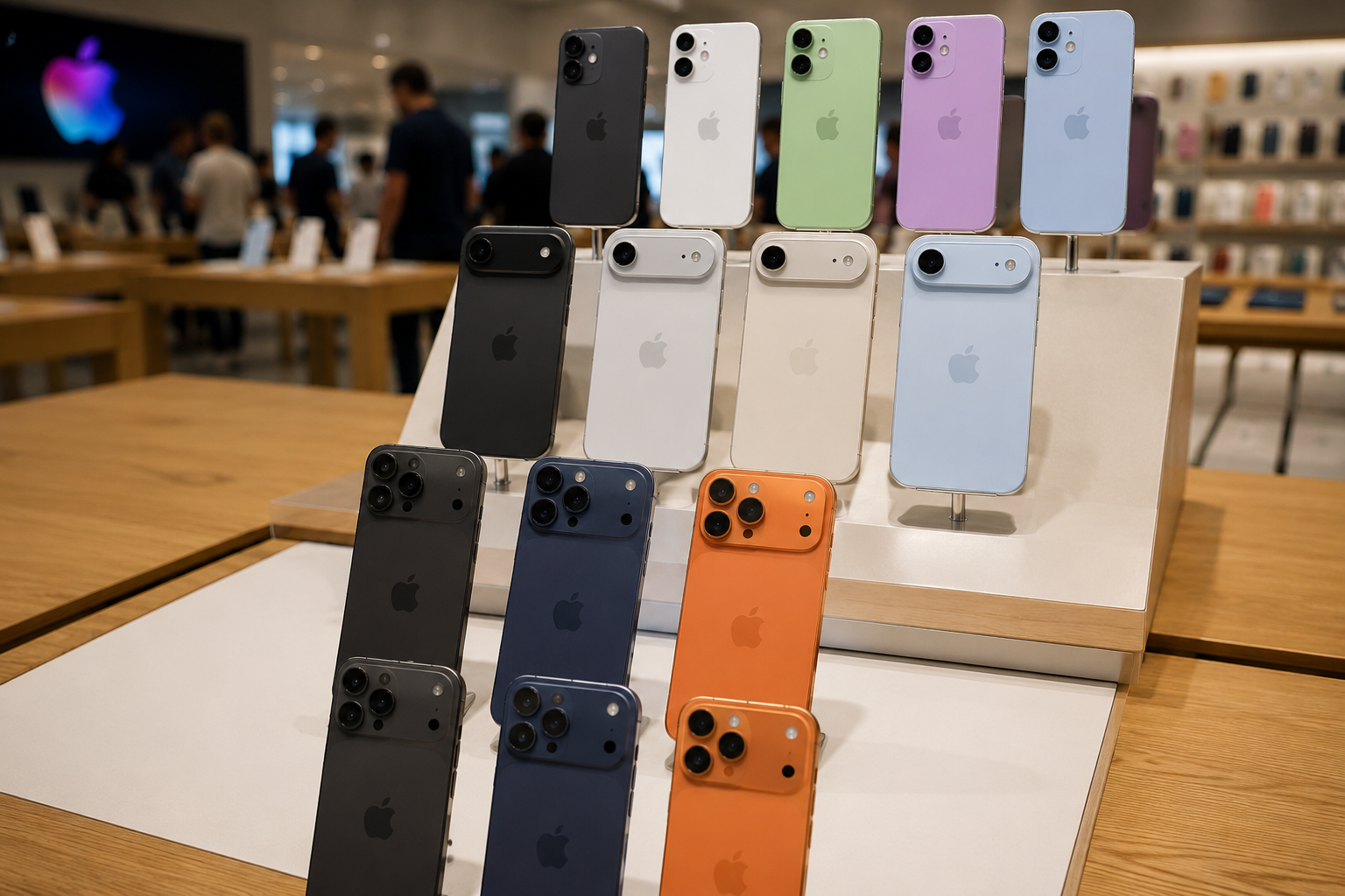 Apple iPhone 17 models displayed on stands inside a retail store.