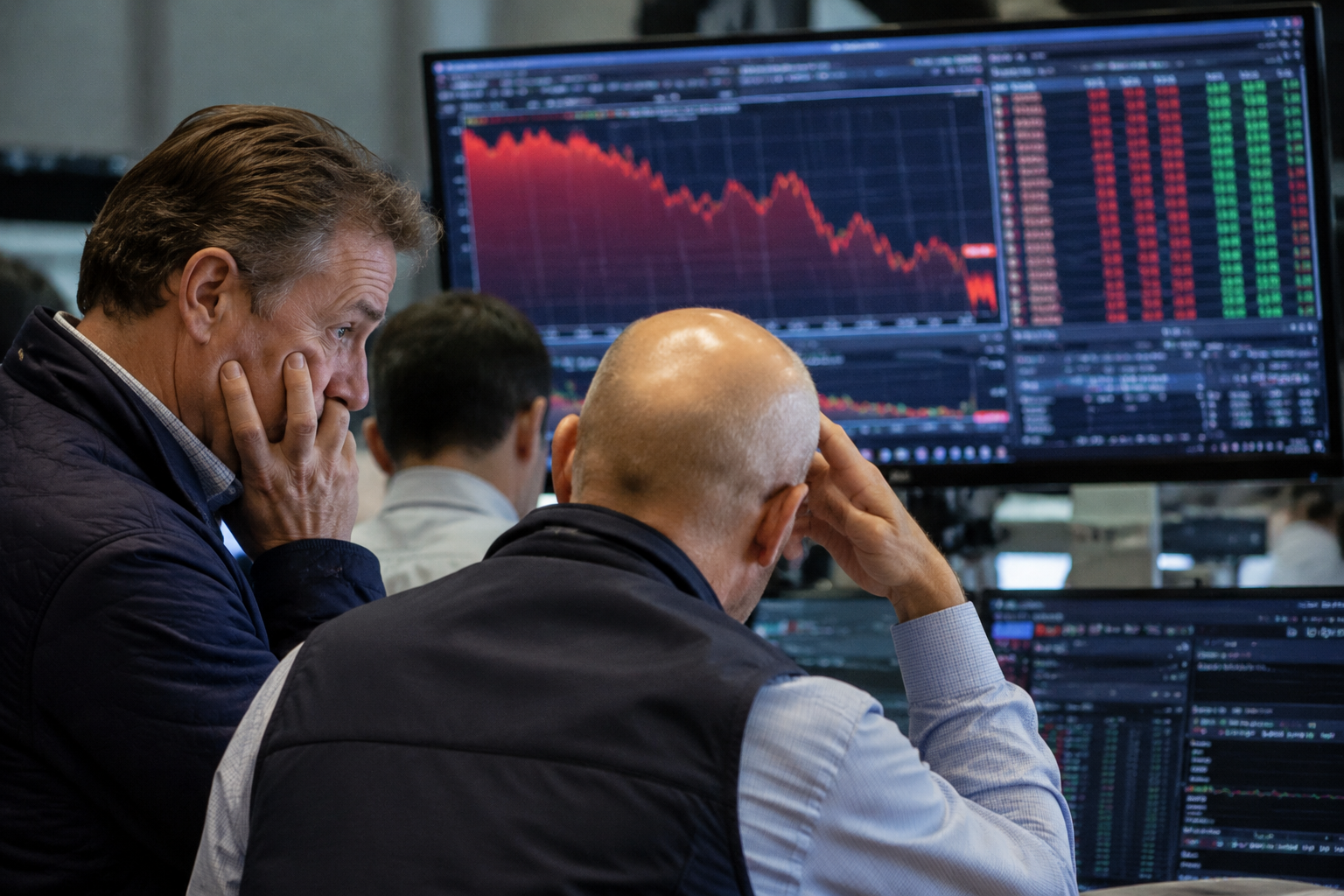 Traders monitor financial markets on a busy trading floor with multiple screens