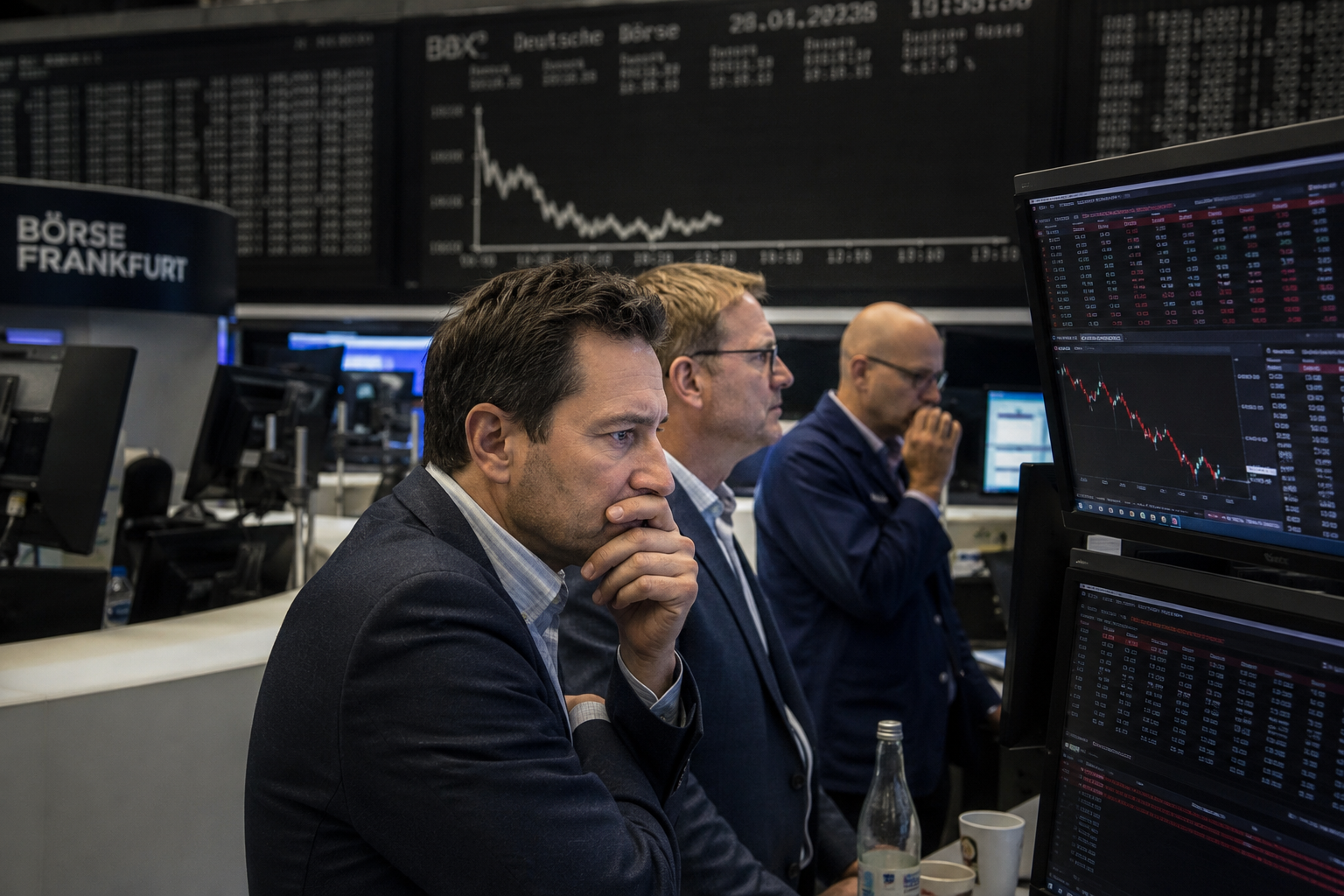Traders monitor falling market charts on screens at the Frankfurt Stock Exchange.