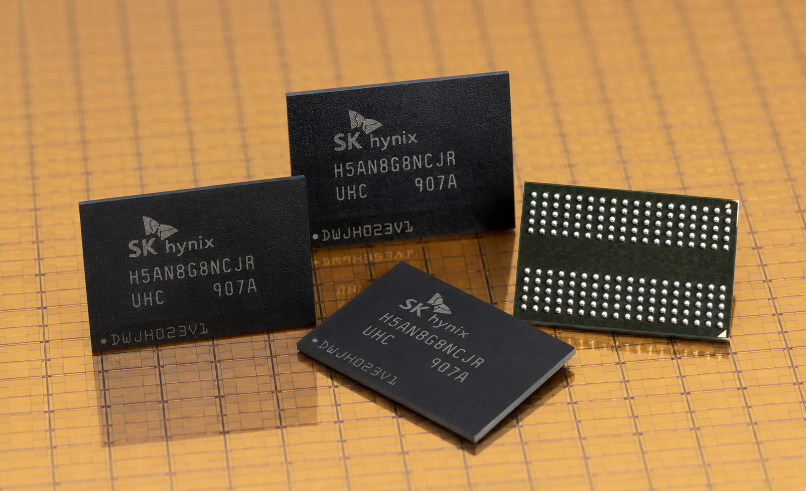 SK Hynix memory chips arranged on a semiconductor wafer