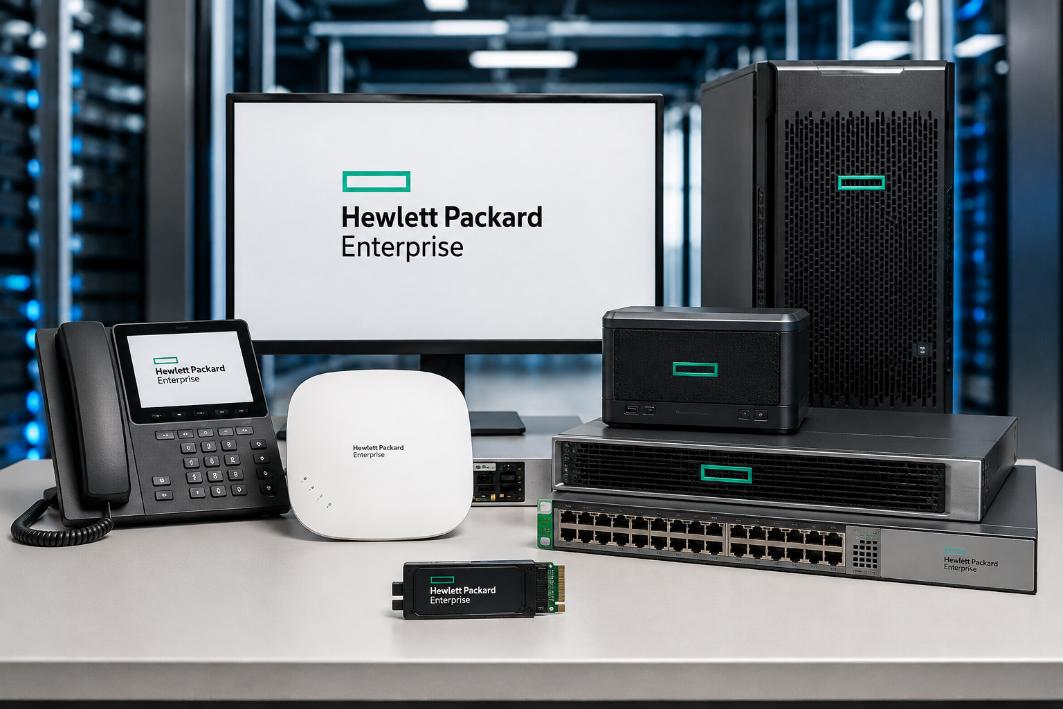 Hewlett Packard Enterprise servers and networking equipment displayed in a data centre