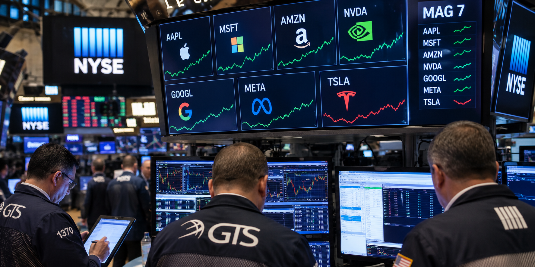 NYSE traders monitor screens showing Magnificent Seven stocks including Nvidia, Apple, Microsoft, Amazon, Alphabet, Meta and Tesla.