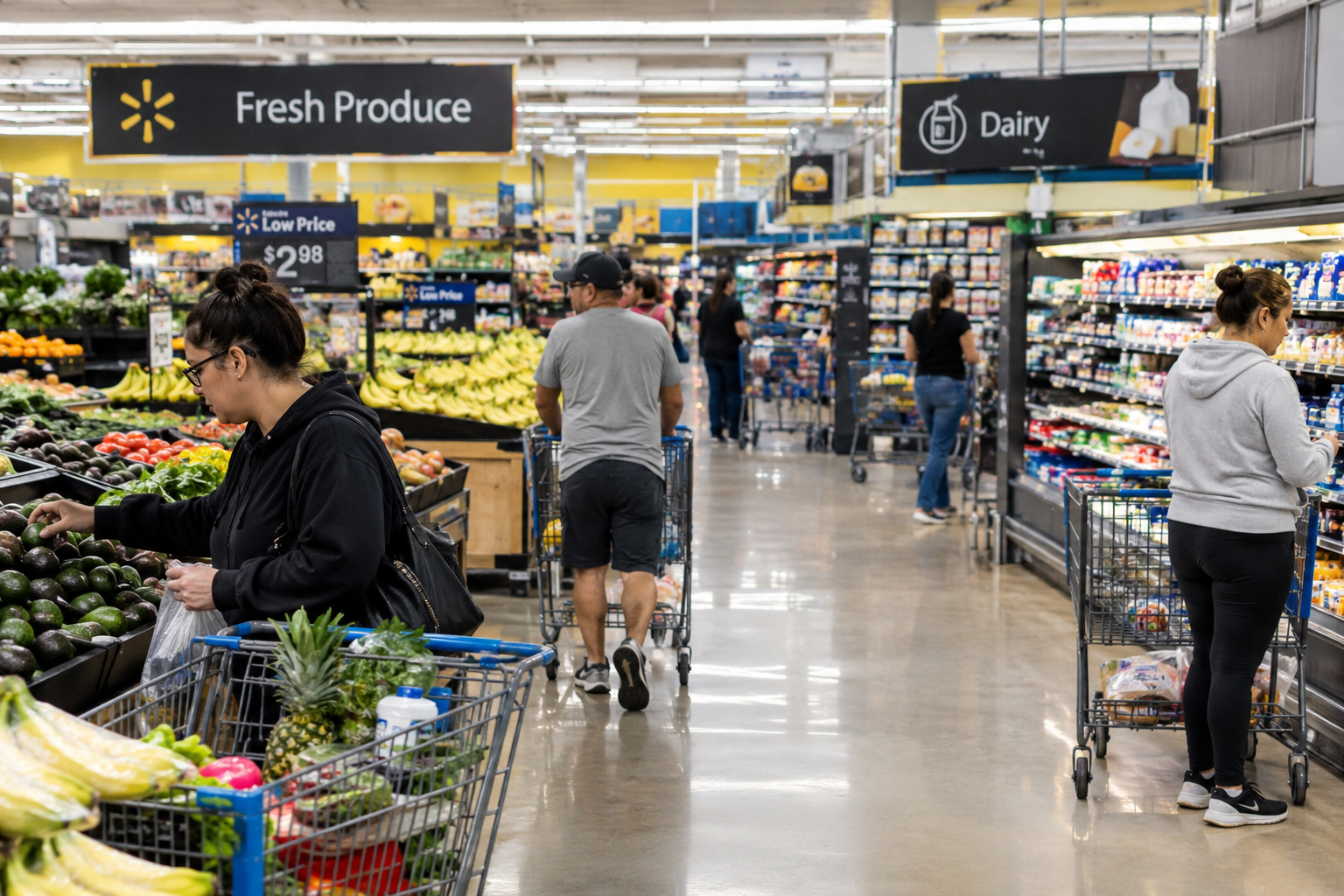 Shoppers browse fresh produce and dairy aisles inside a Walmart supermarket.