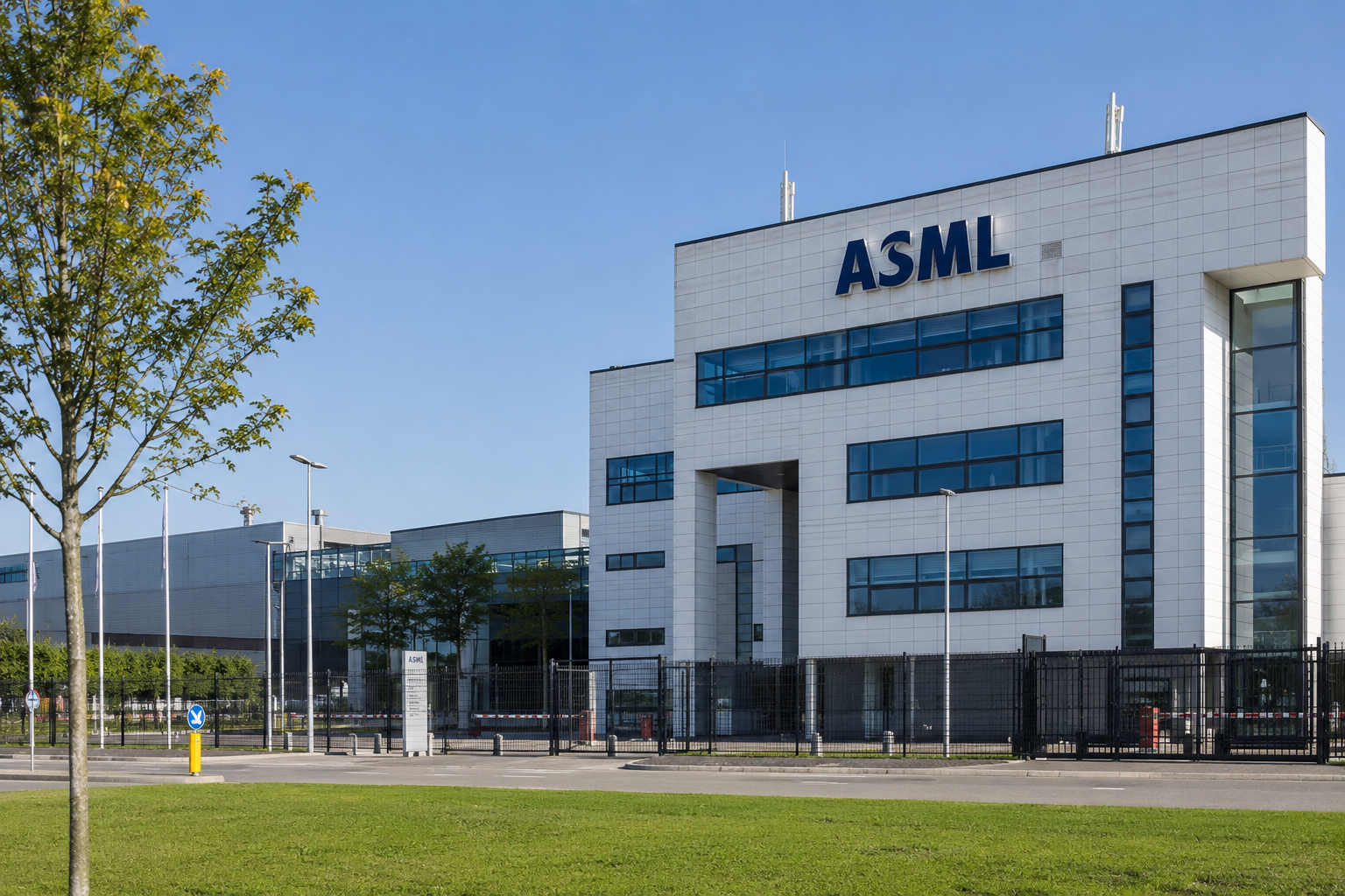 ASML headquarters building with the company logo displayed prominently on the exterior.
