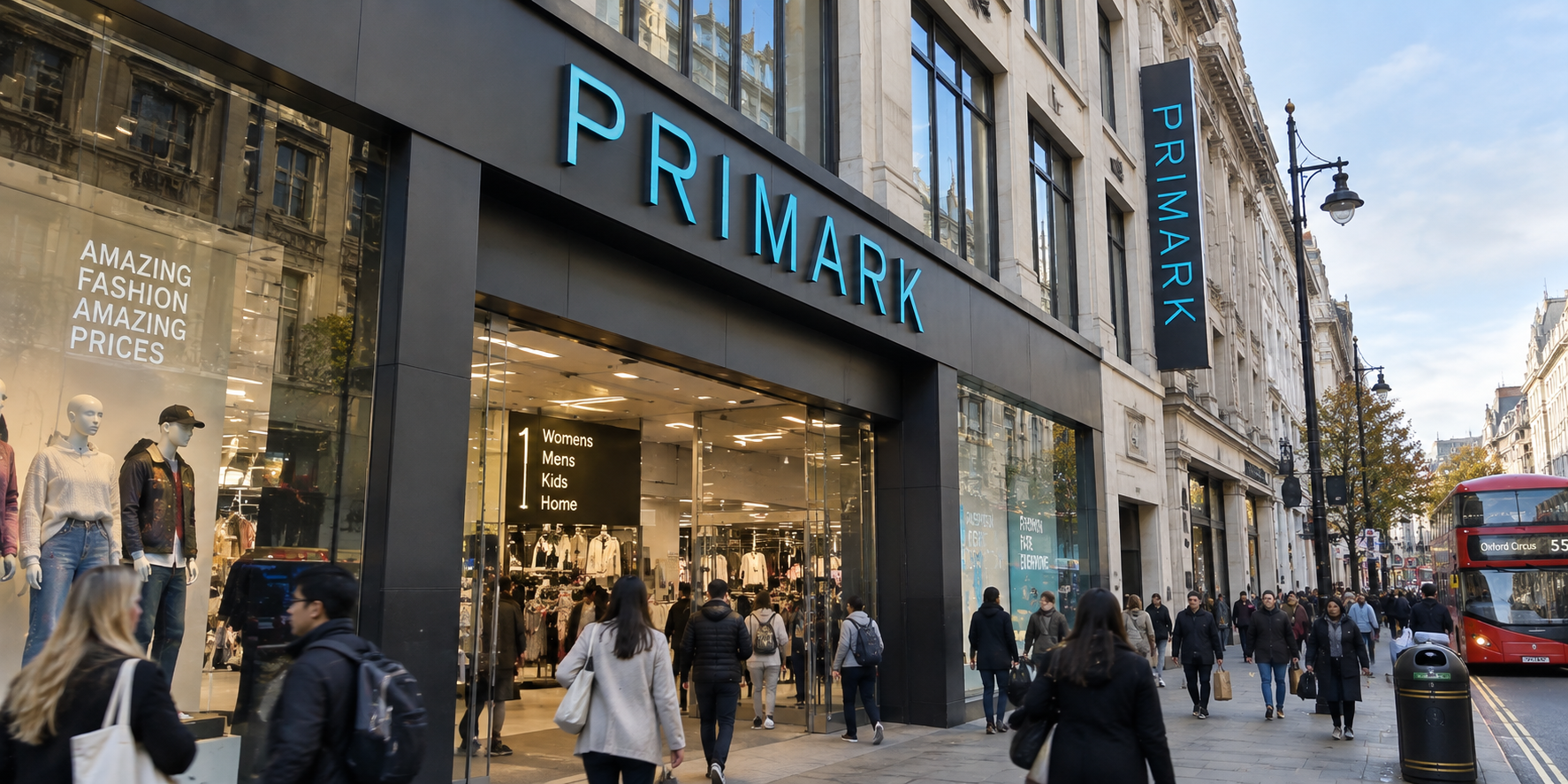 Shoppers walk past and enter a Primark store on a busy central London shopping street.