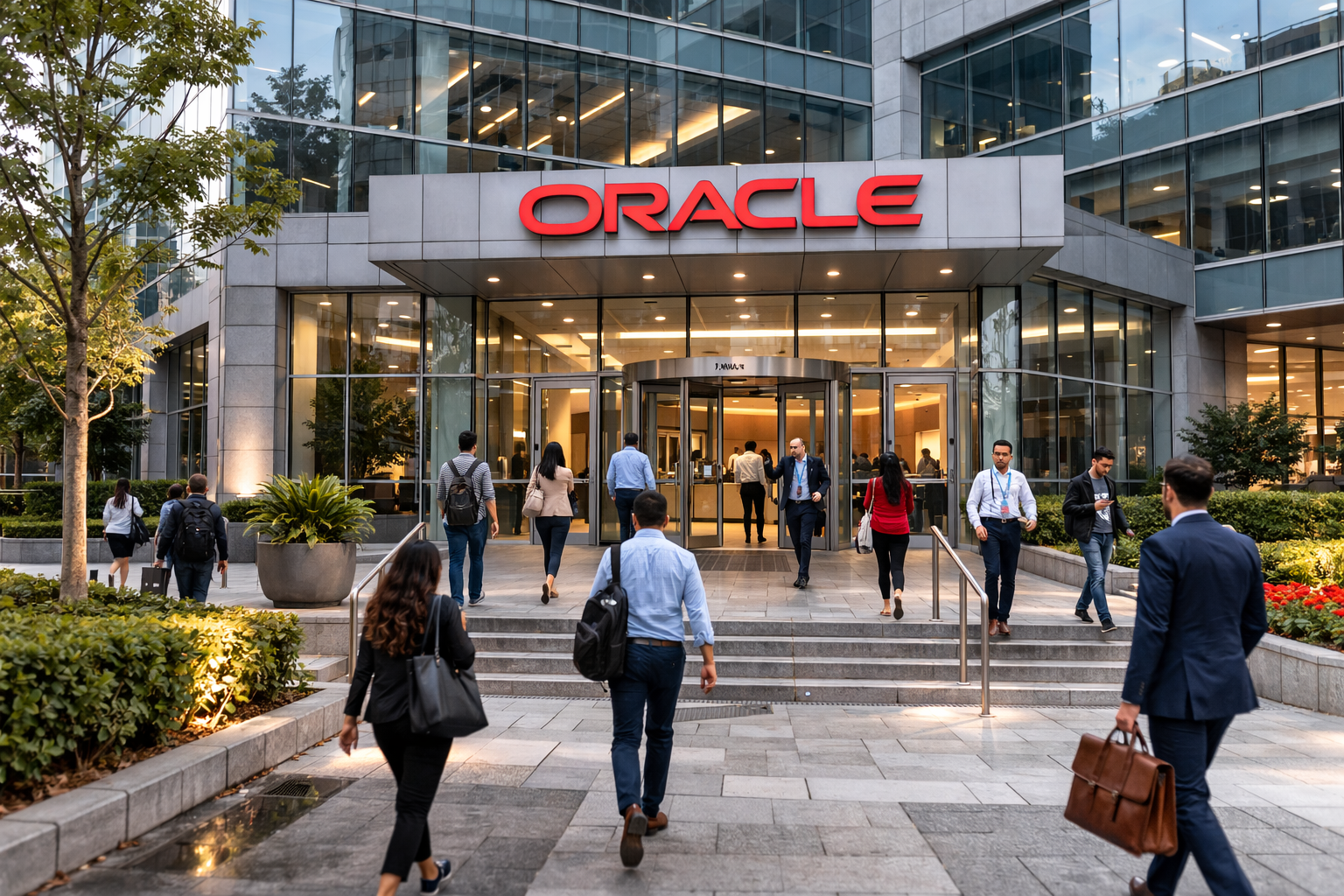 People walking to Oracle's office building
