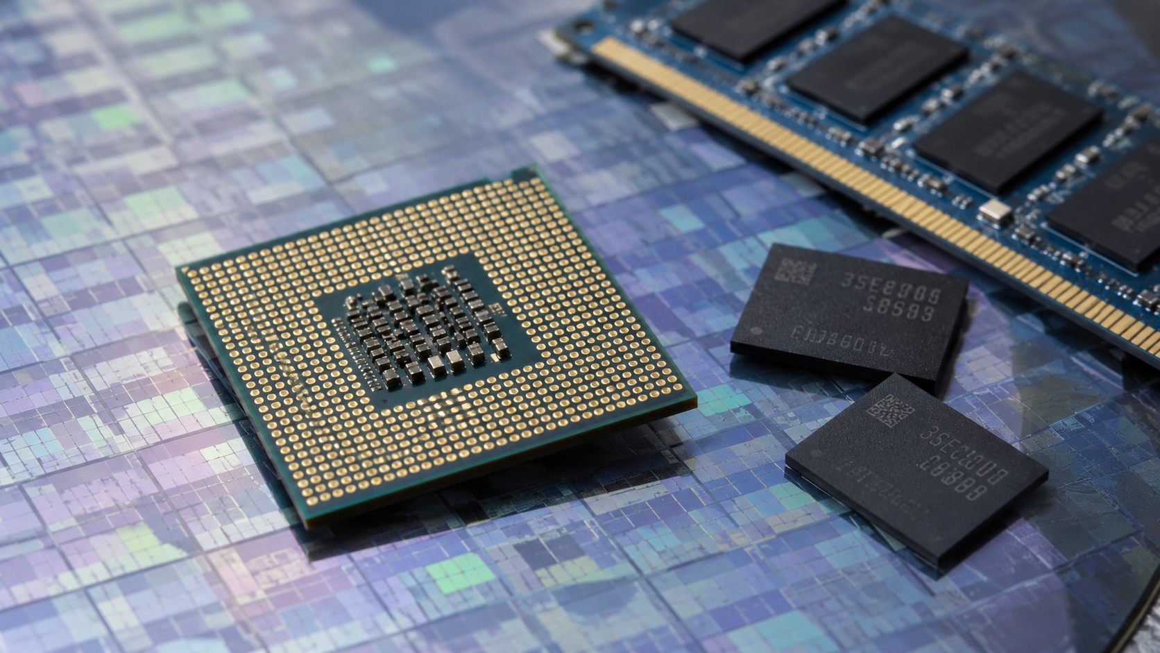 Processor and memory chips rest on a patterned silicon wafer beside a blue RAM module, highlighting semiconductor manufacturing and memory technology.