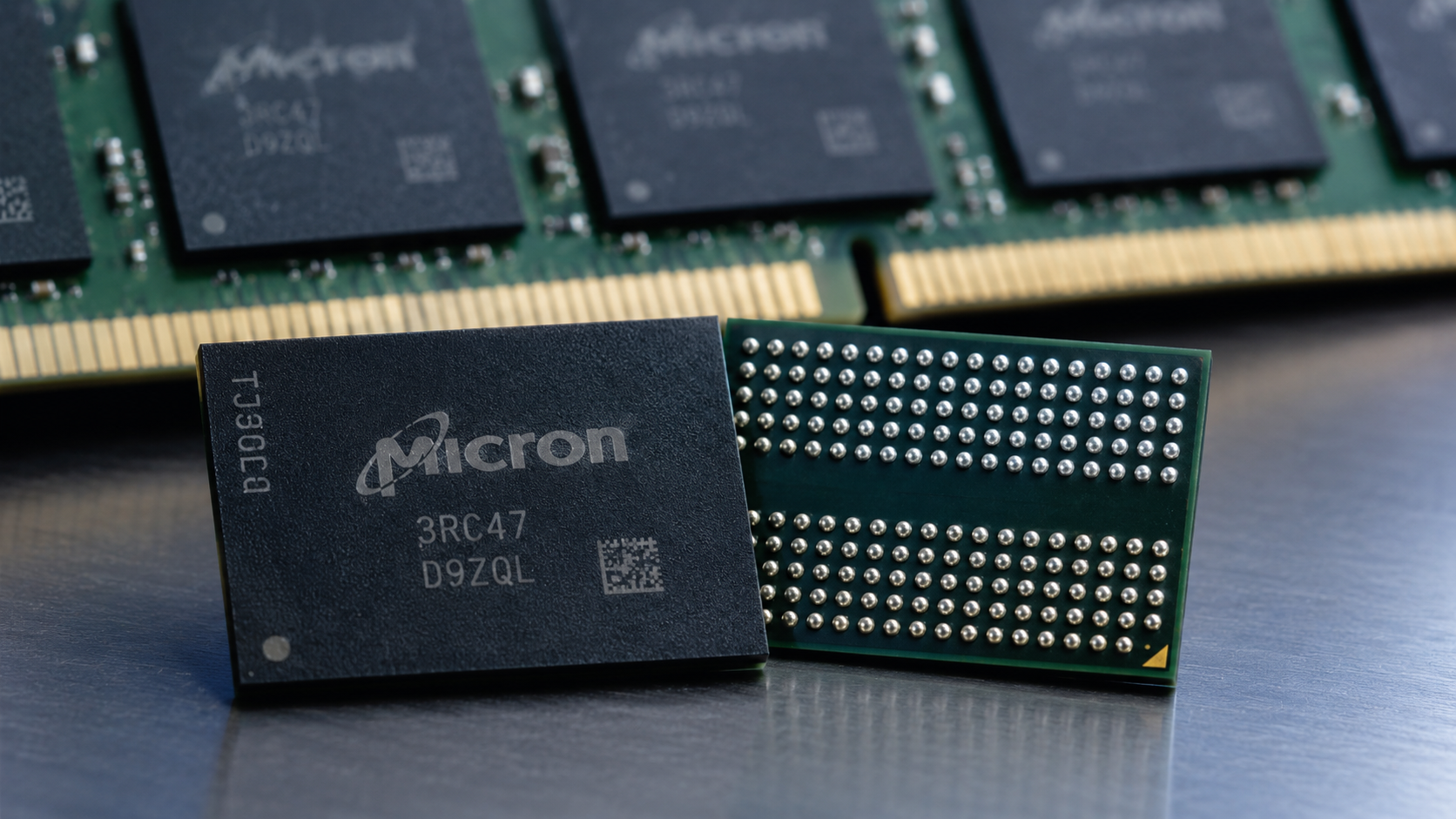 Close-up of Micron memory chips beside a RAM module, showing semiconductor components used in computers, servers and data centres.