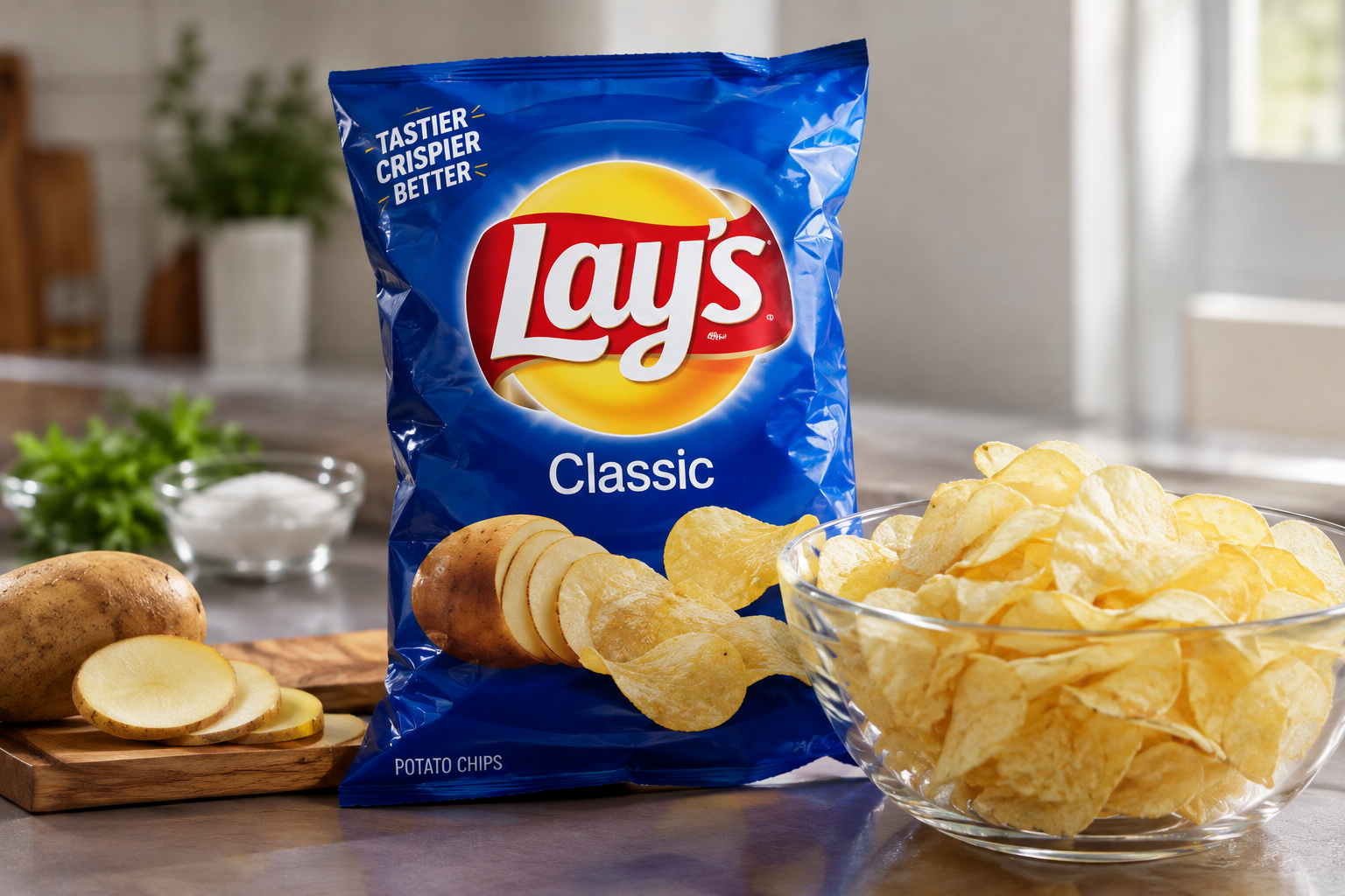 Lays packed and chips on a bowl