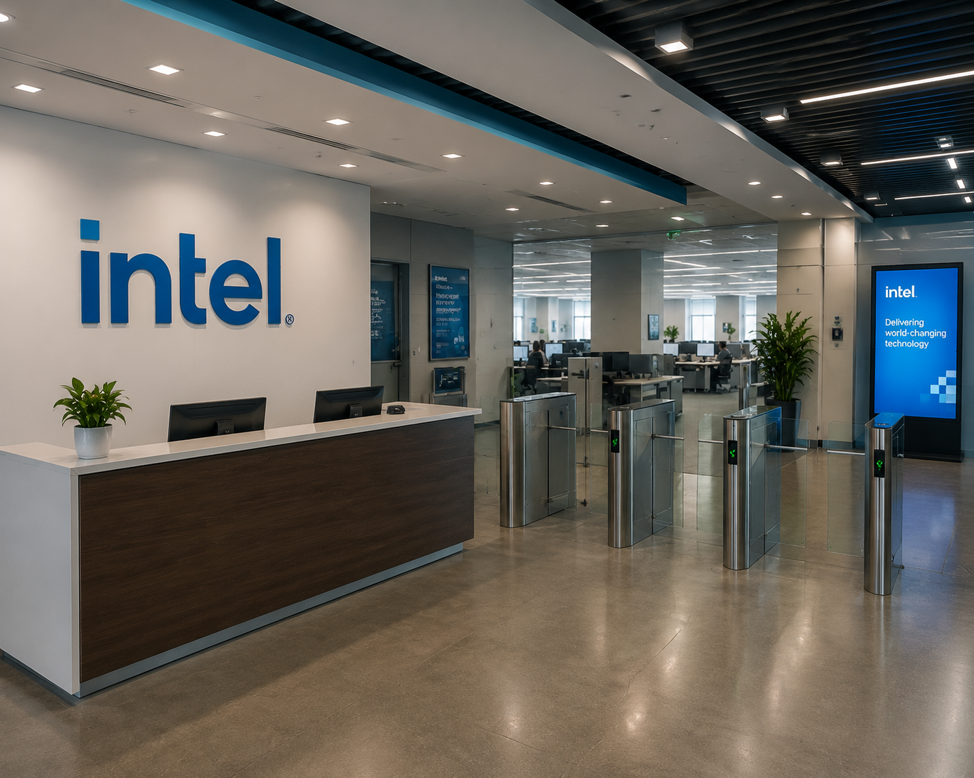Intel office reception area with company logo, security gates and workspaces.