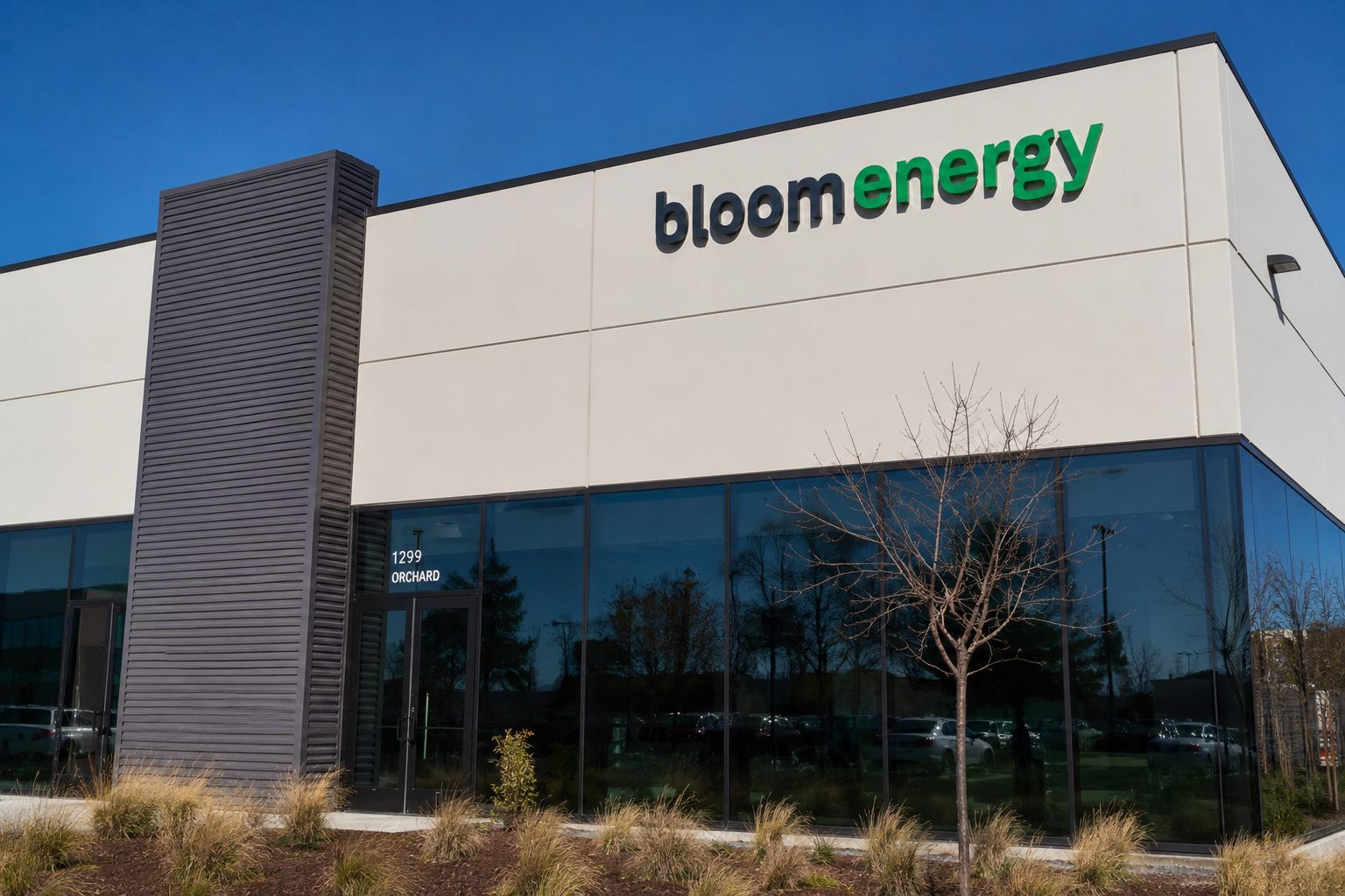 Bloom Energy logo displayed on the exterior of a modern office building