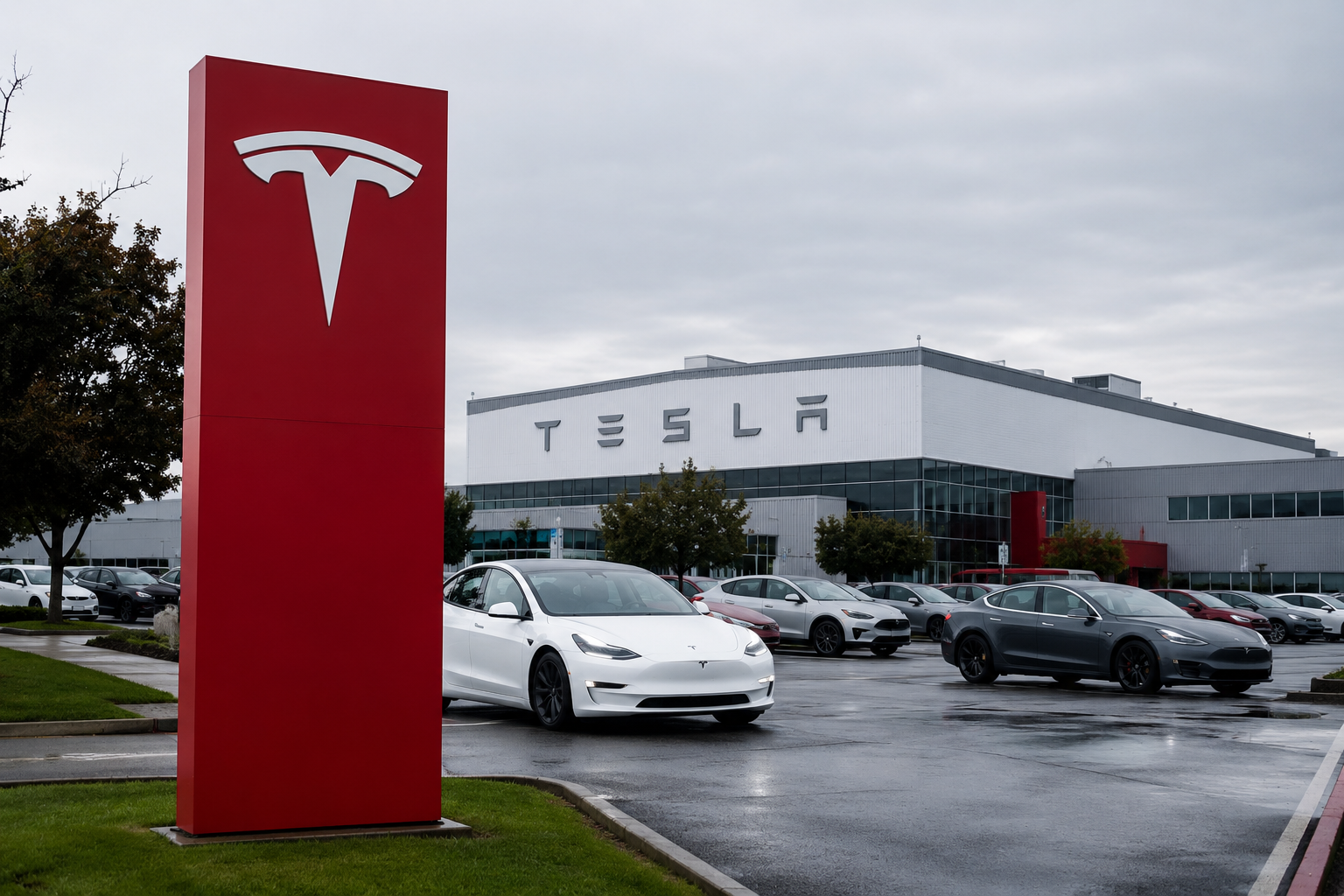 Tesla vehicles parked outside a company facility with Tesla signage