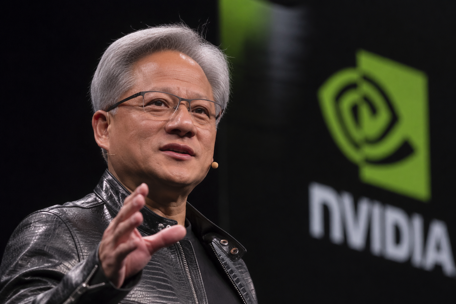 Jensen Huang speaks on stage beside a large Nvidia logo during a technology event.