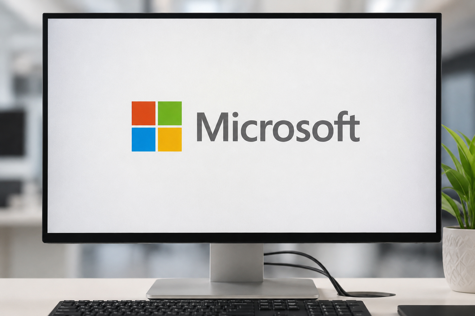 Microsoft logo displayed on a computer screen showing the company’s products and services