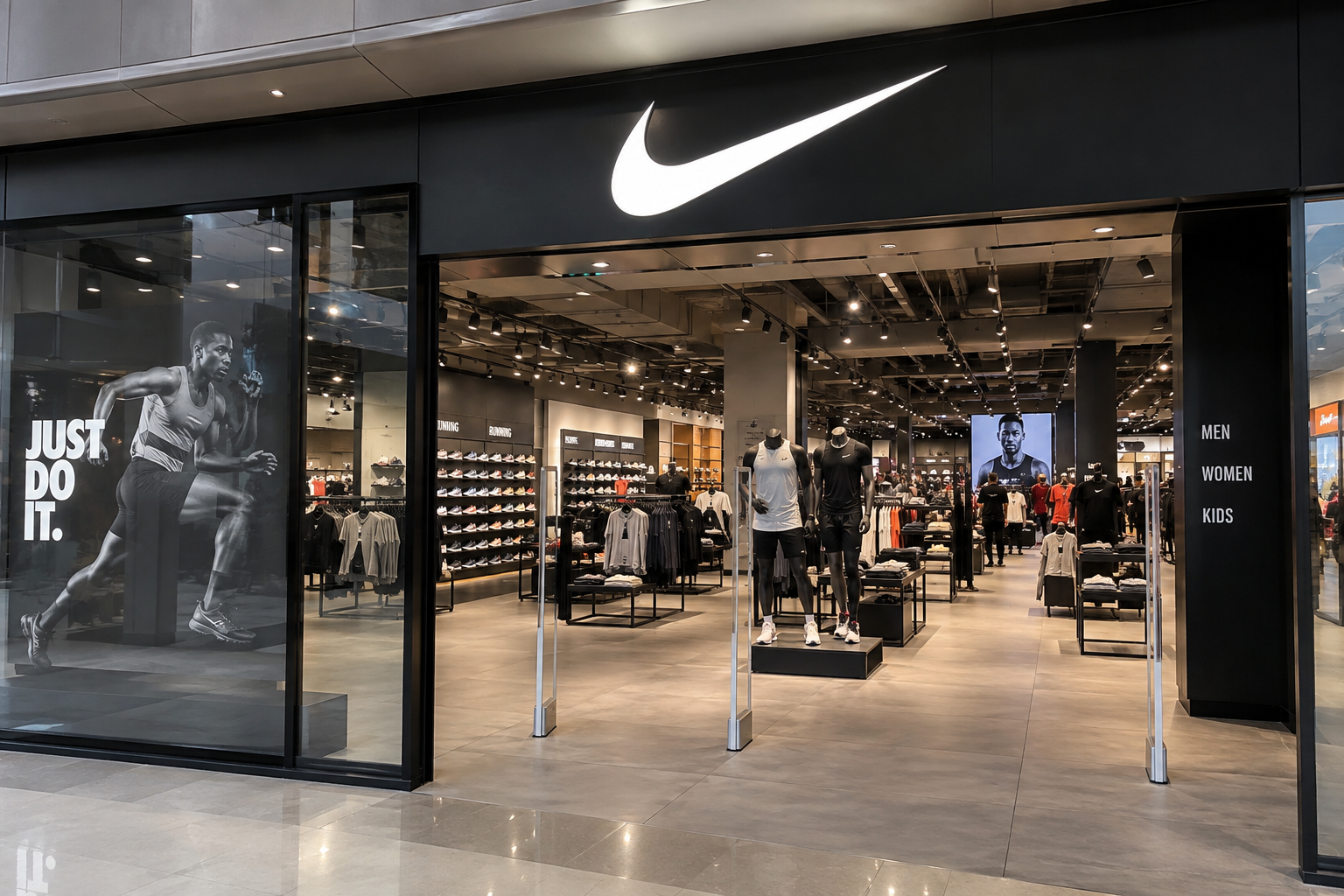 Nike store entrance with the company’s Swoosh logo above displays of sportswear, shoes and athletic apparel.