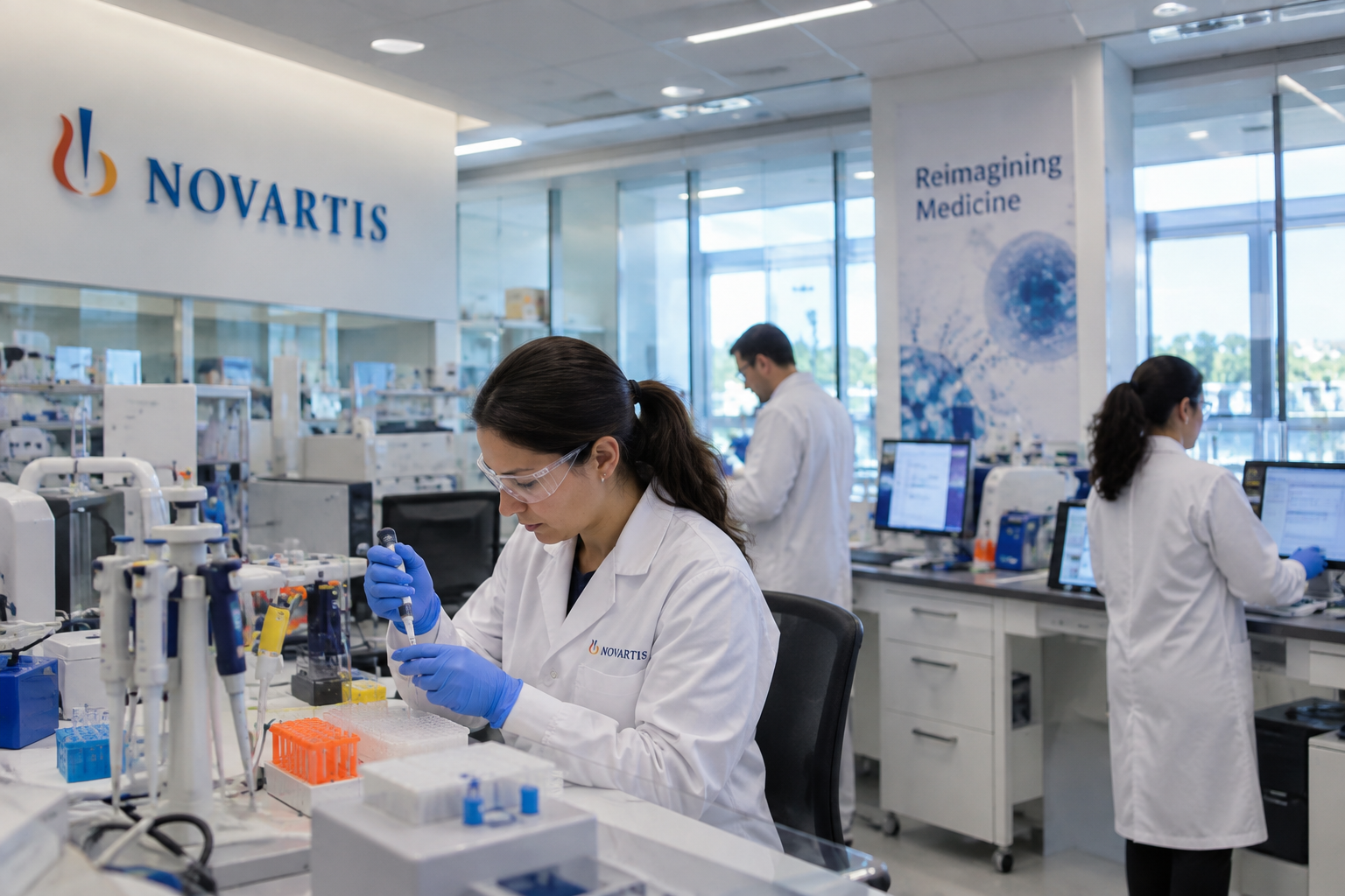 Novartis scientists work with laboratory equipment inside a modern pharmaceutical research facility.