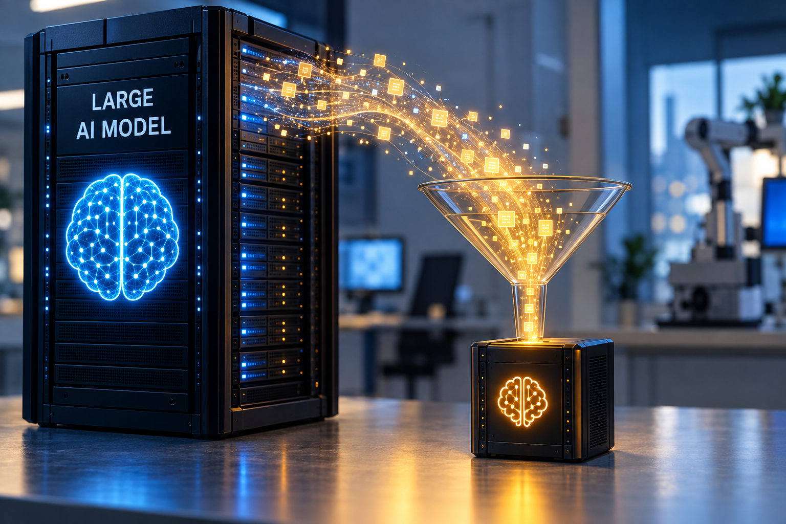 Large AI model server transfers data through a funnel into a smaller AI system inside a technology lab.