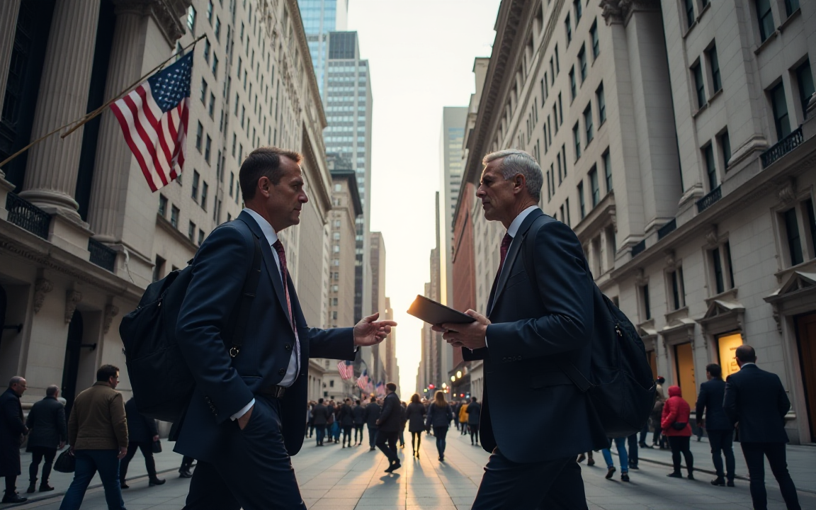 Two Wall Street professionals discuss market developments outside the New York Stock Exchange.
