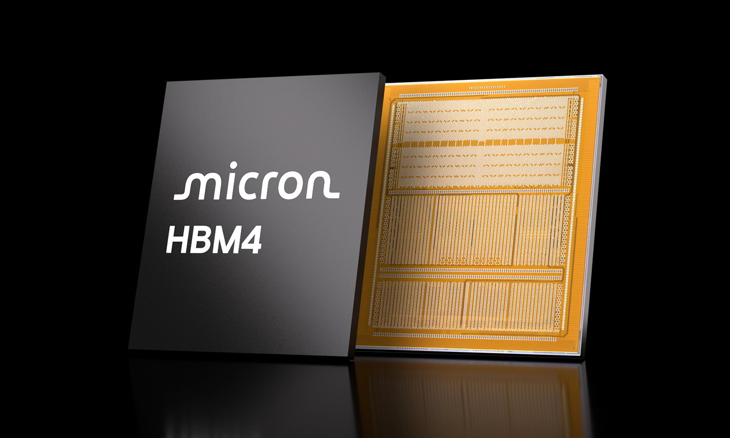 Micron HBM4 on black background facing left
