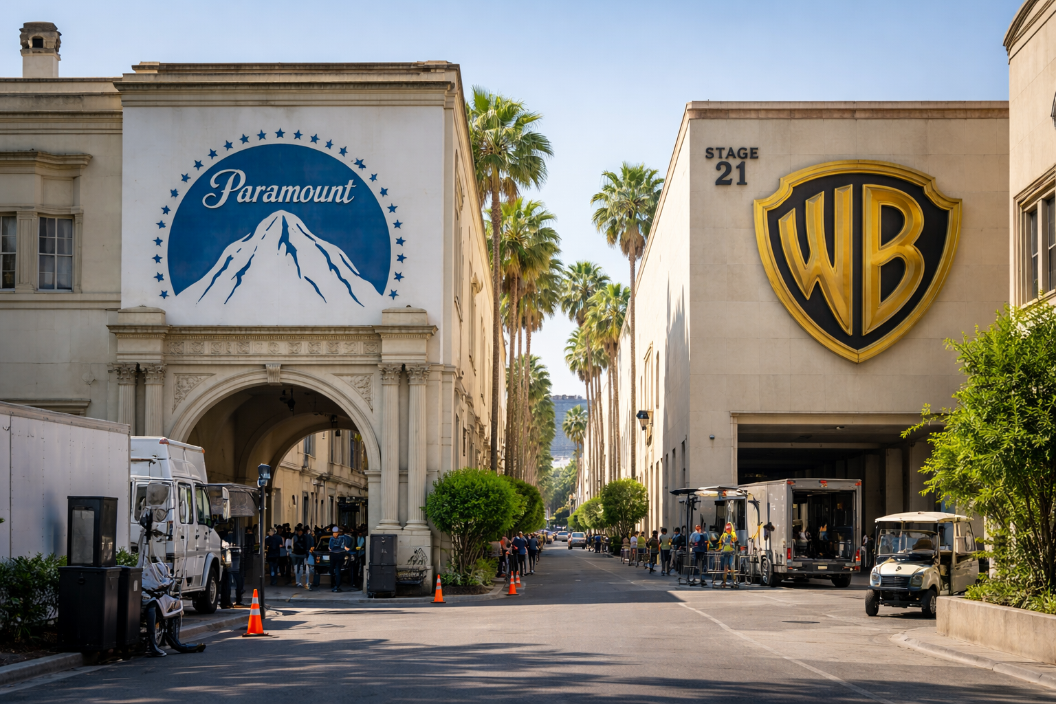 Entrance to Paramount Pictures studio lot facing the Warner Bros. studio building with production trucks and crew activity.