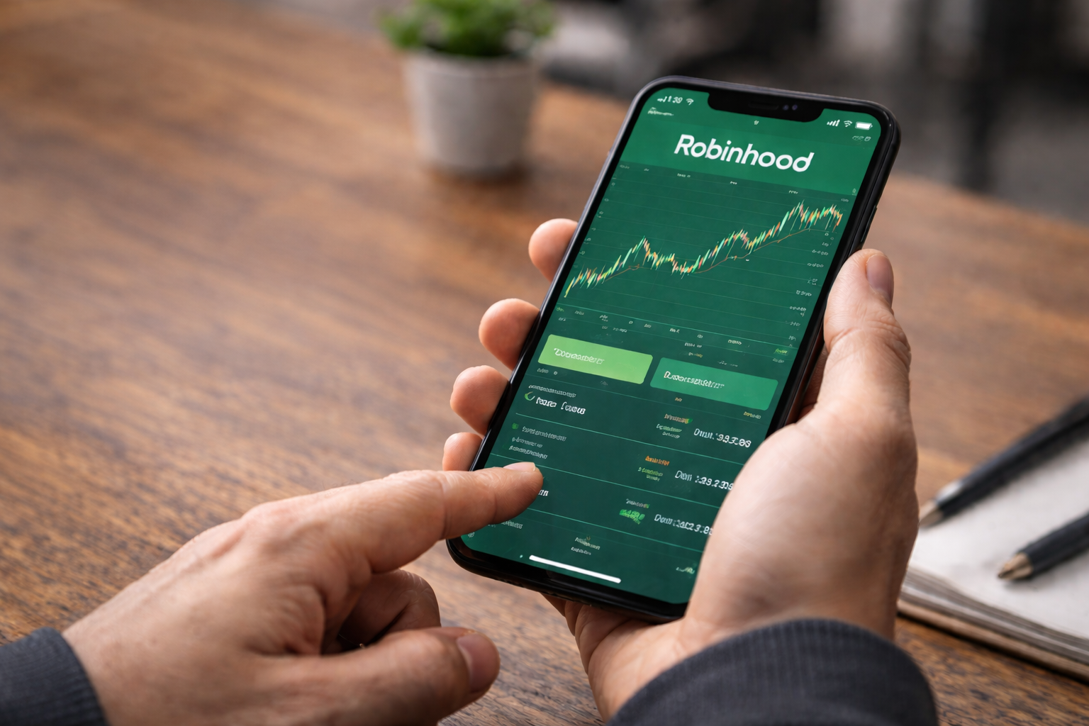 A person holding a smartphone displaying the Robinhood trading app with a stock price chart and investment options on the screen.