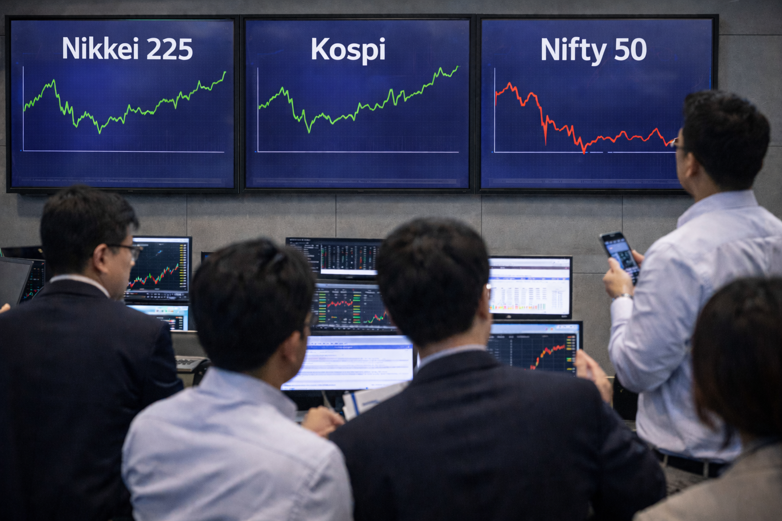 Traders monitor Asian stock indices across multiple market screens