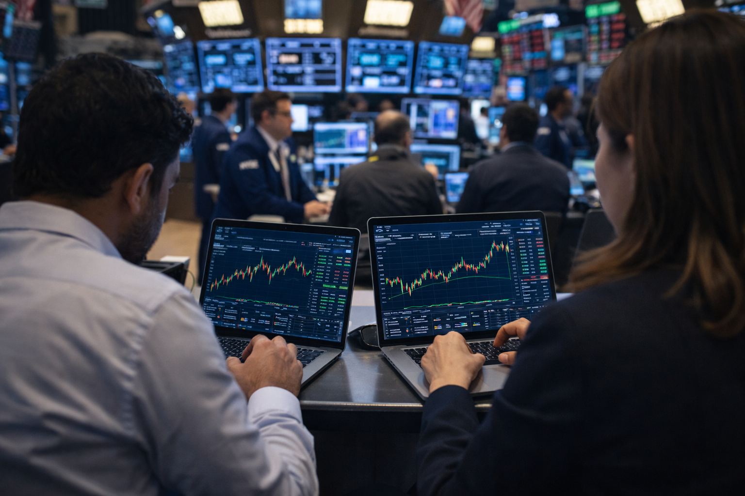 Two traders monitor live stock charts on laptops amid the activity of a crowded trading floor.